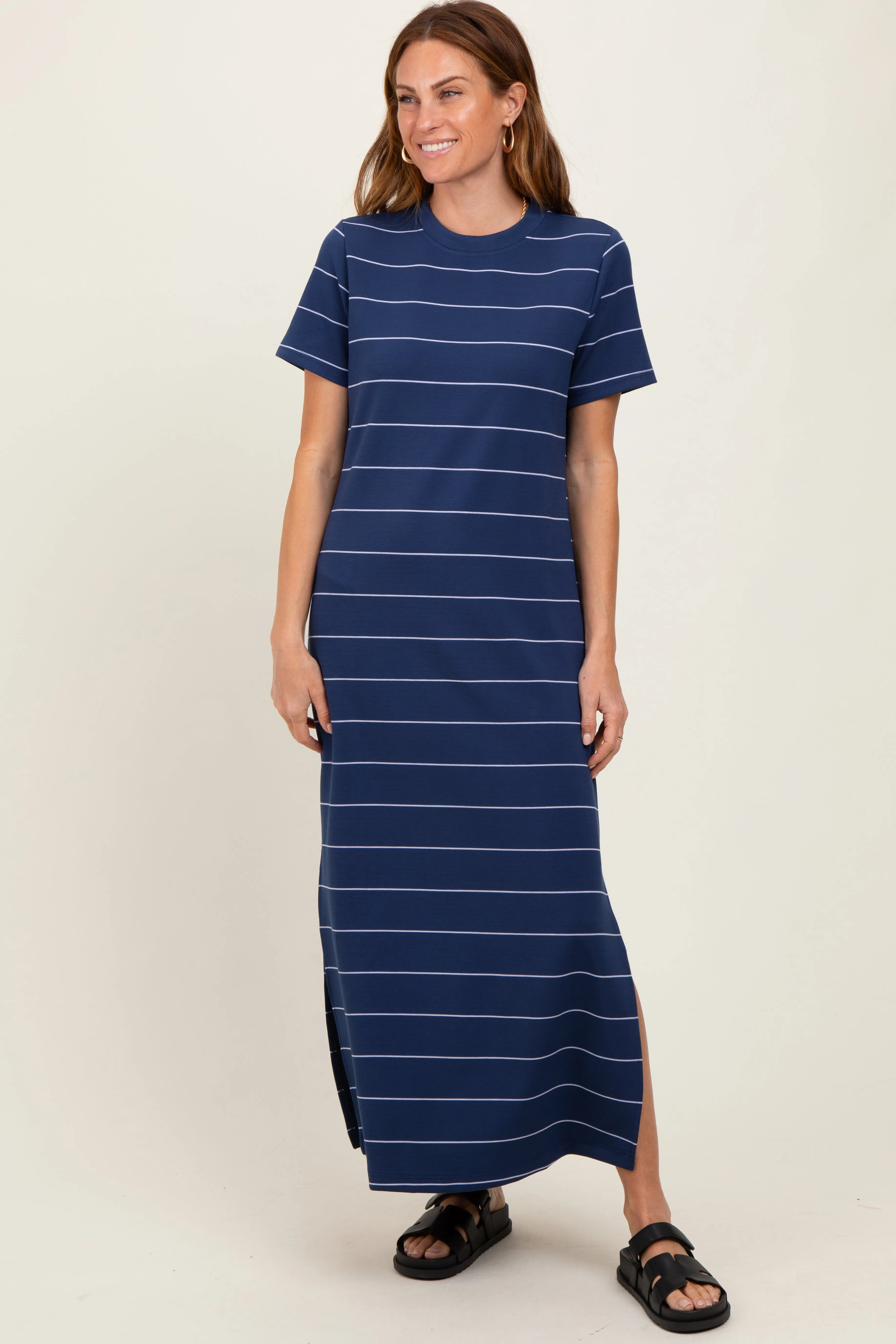 Navy Striped Short Sleeve Side Slit Midi Dress sold by Pinkblush