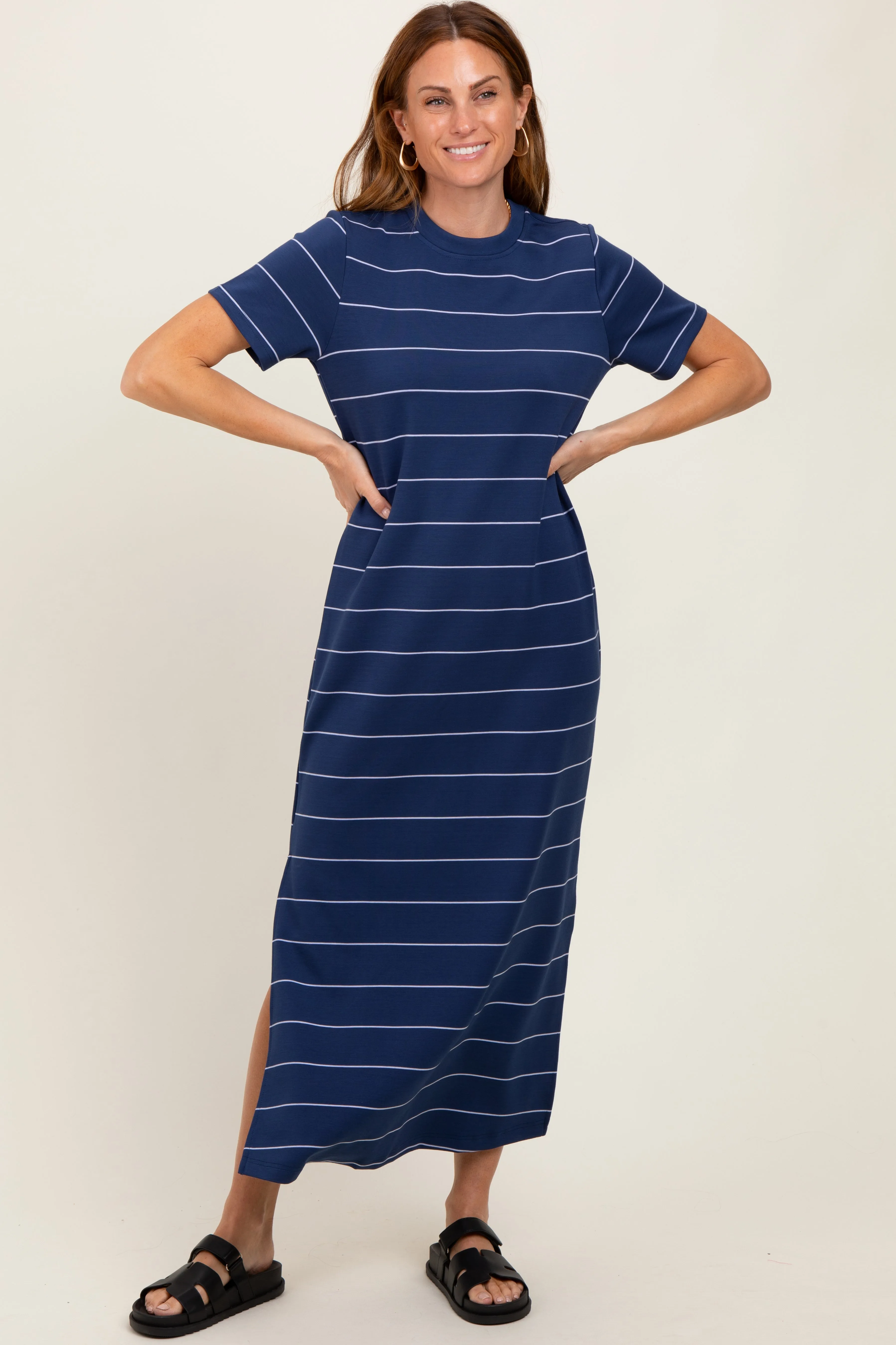 Navy Striped Short Sleeve Side Slit Midi Dress sold by Pinkblush product image thumbnail 2