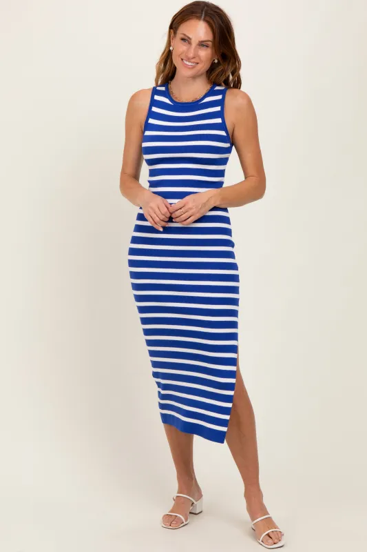 Royal Blue Striped Knit Sleeveless Side Slit Midi Dress sold by Pinkblush