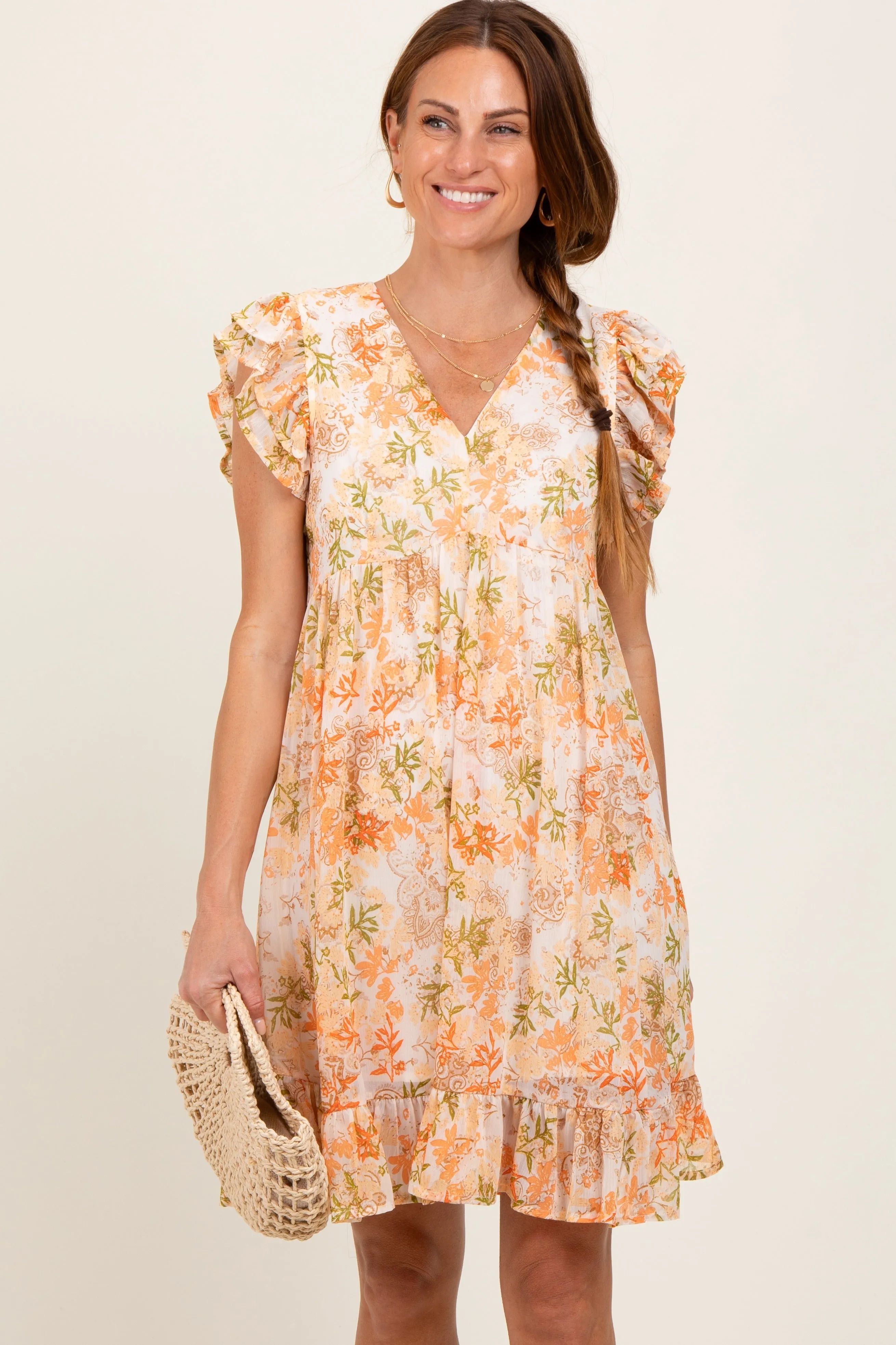 Orange Floral Chiffon Ruffle Short Sleeve Dress sold by Pinkblush