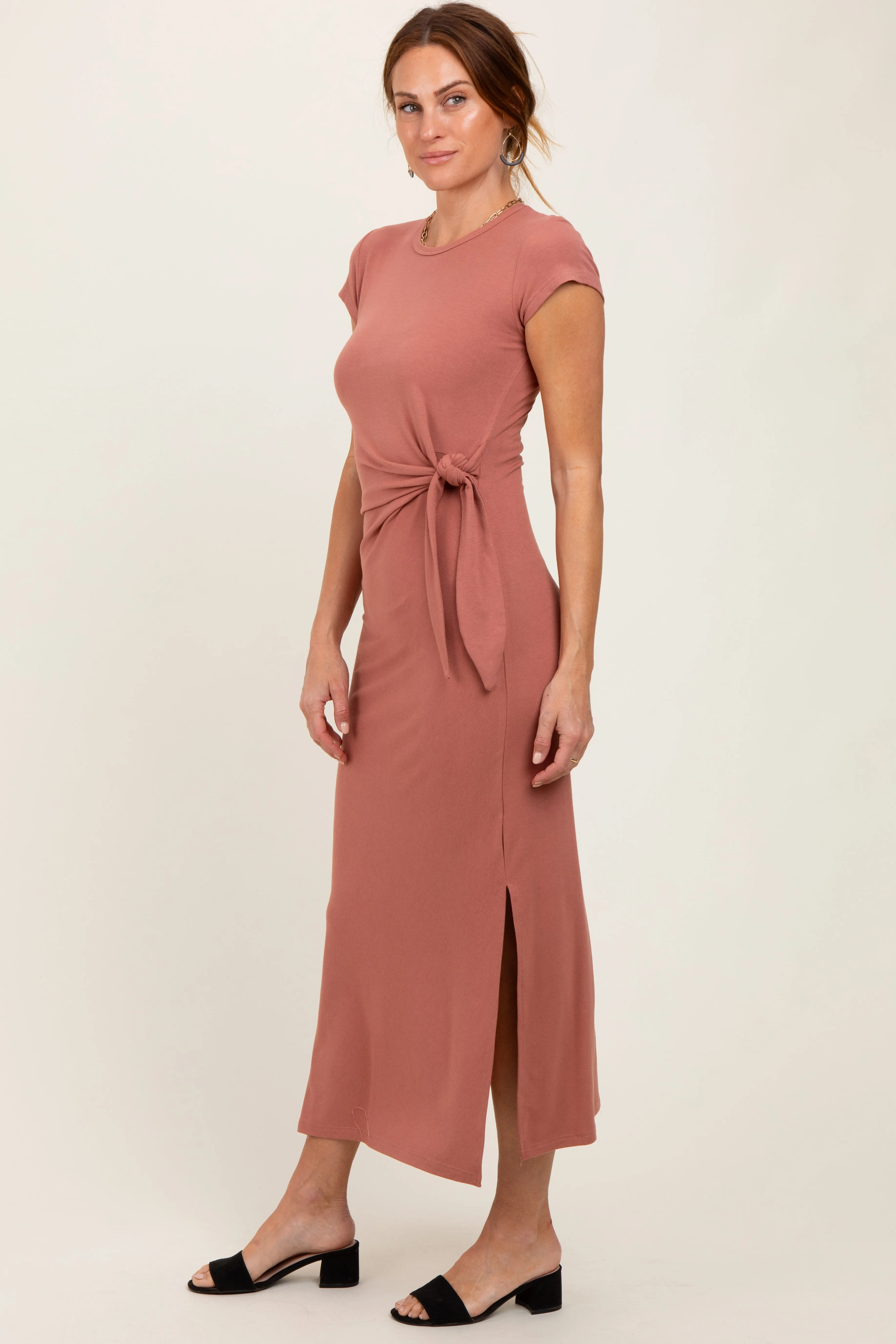 Mauve Side Knot Tie Short Sleeve Midi Dress sold by Pinkblush product image thumbnail 3