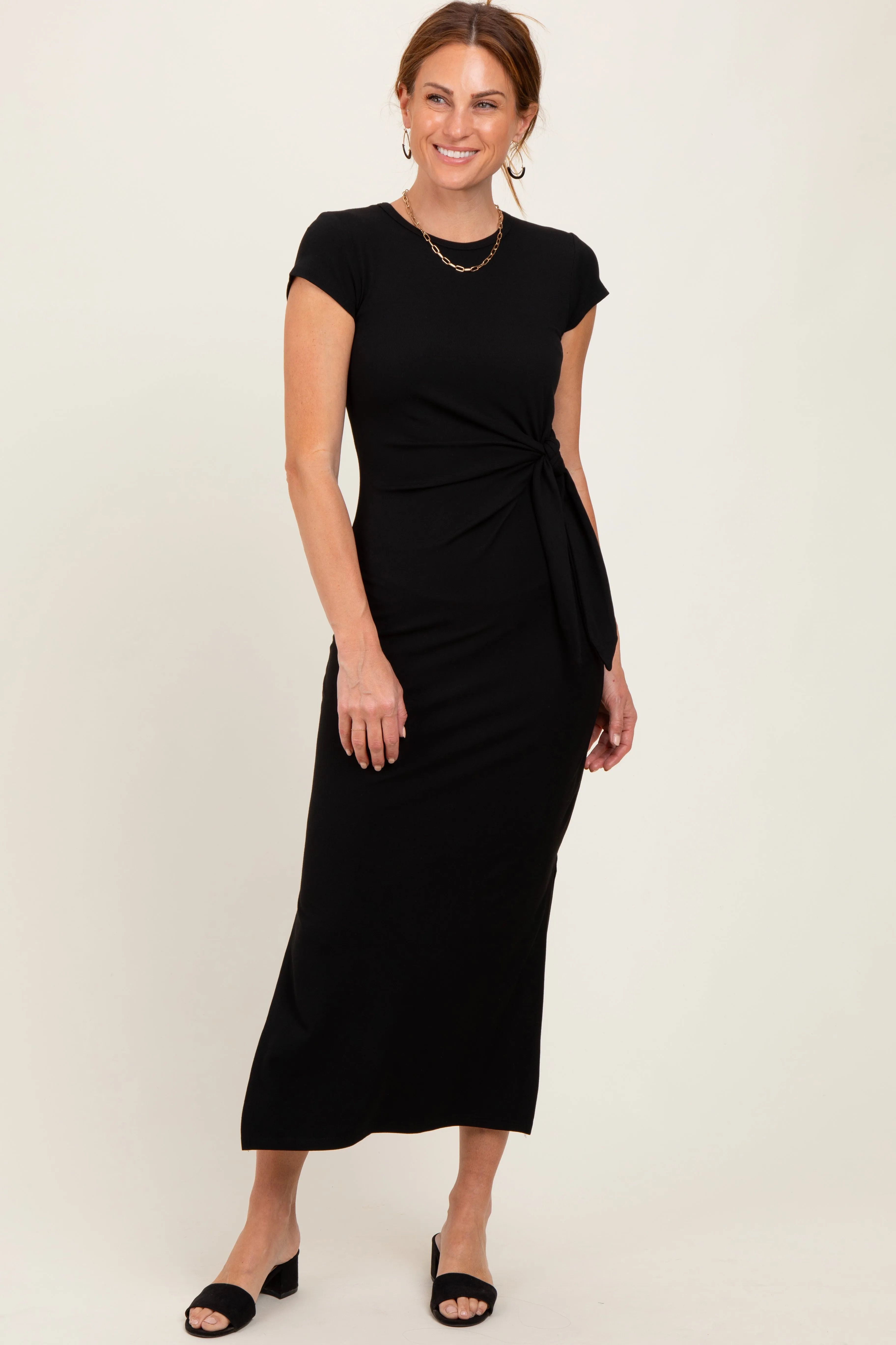 Black Side Knot Tie Short Sleeve Midi Dress sold by Pinkblush product image thumbnail 2