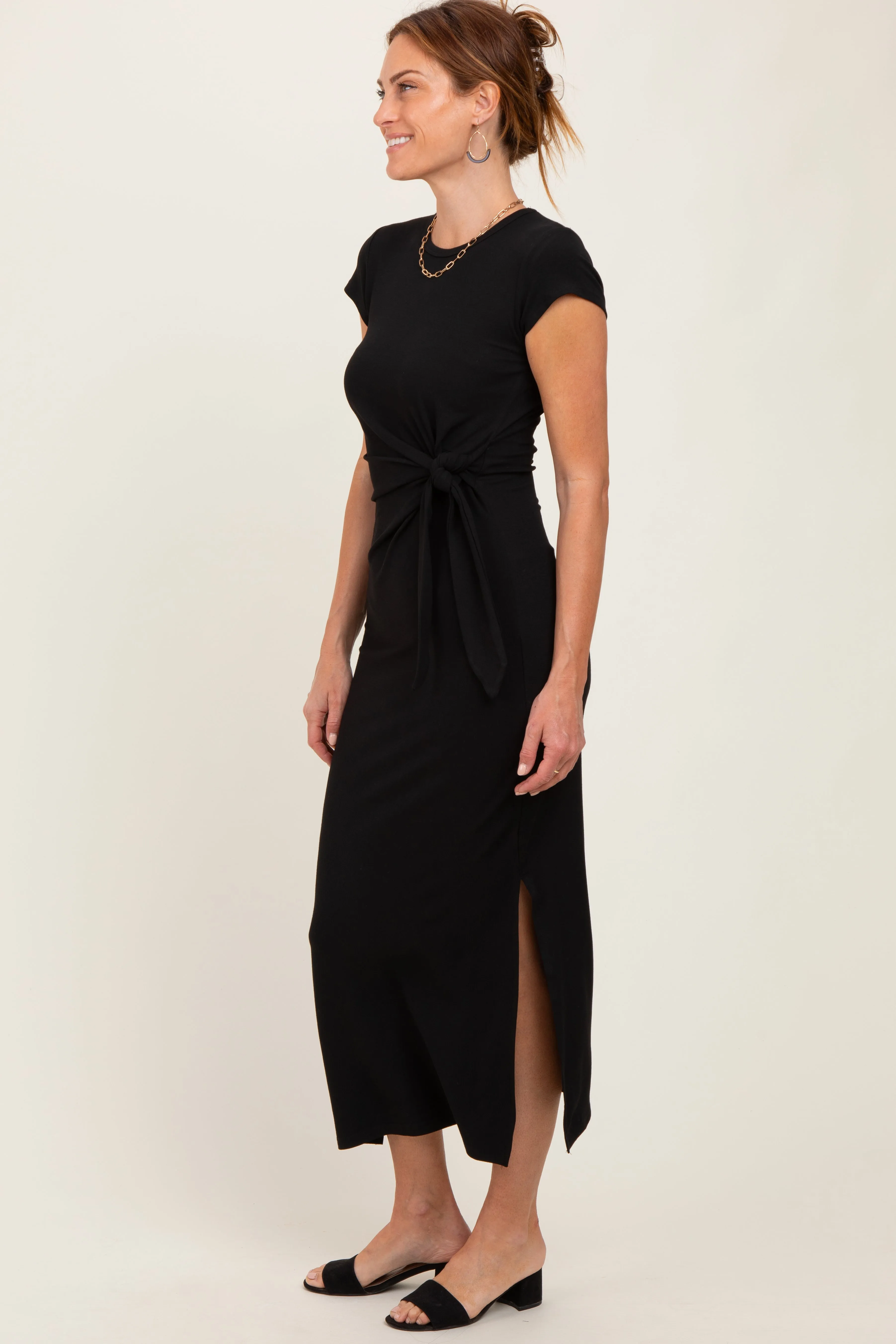 Black Side Knot Tie Short Sleeve Midi Dress sold by Pinkblush product image thumbnail 3