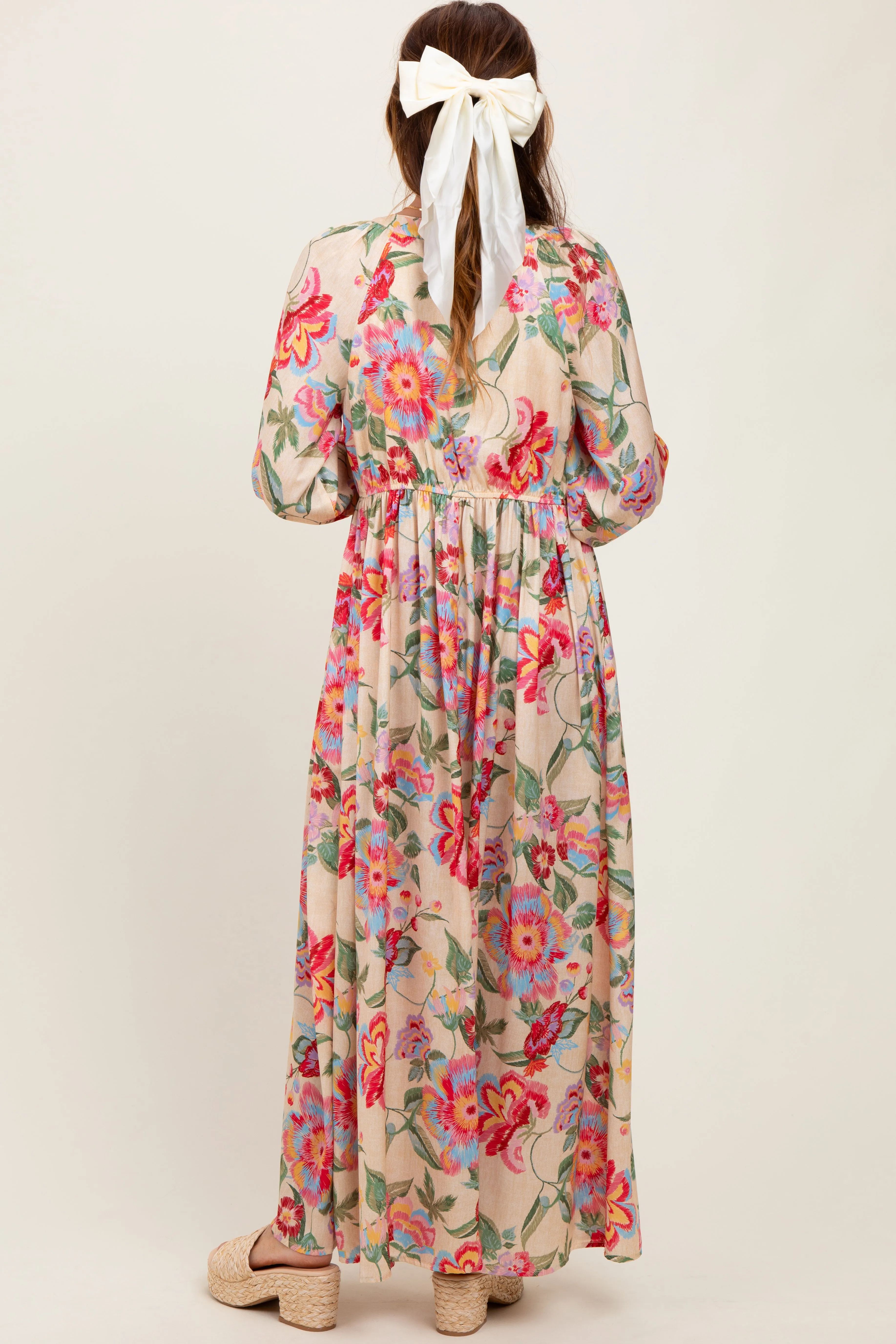 Beige Floral V-Neck Long Sleeve Maxi Dress sold by Pinkblush product image thumbnail 4