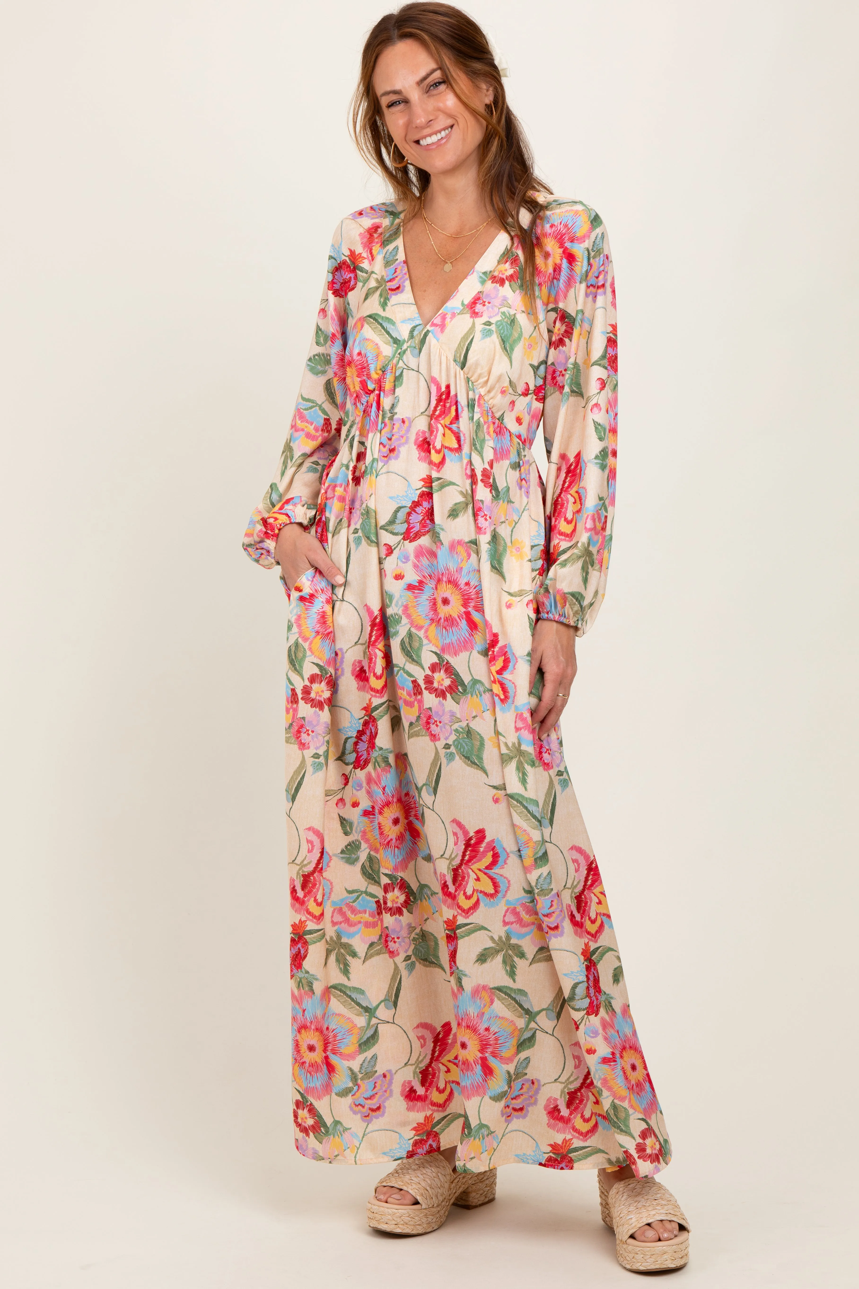 Beige Floral V-Neck Long Sleeve Maxi Dress sold by Pinkblush