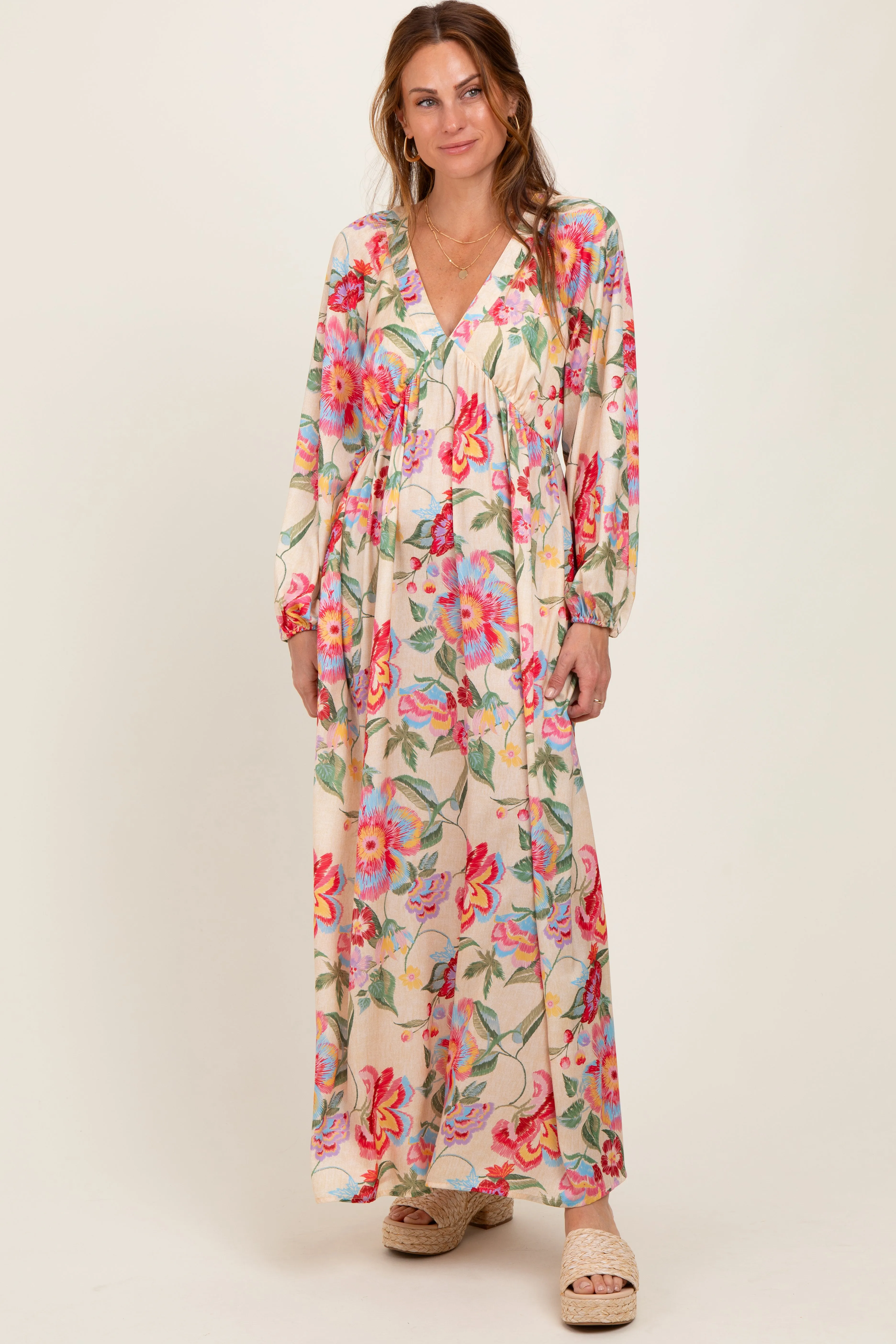 Beige Floral V-Neck Long Sleeve Maxi Dress sold by Pinkblush product image thumbnail 2