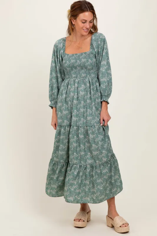 Light Olive Floral Smocked Square Neck Maxi Dress sold by Pinkblush
