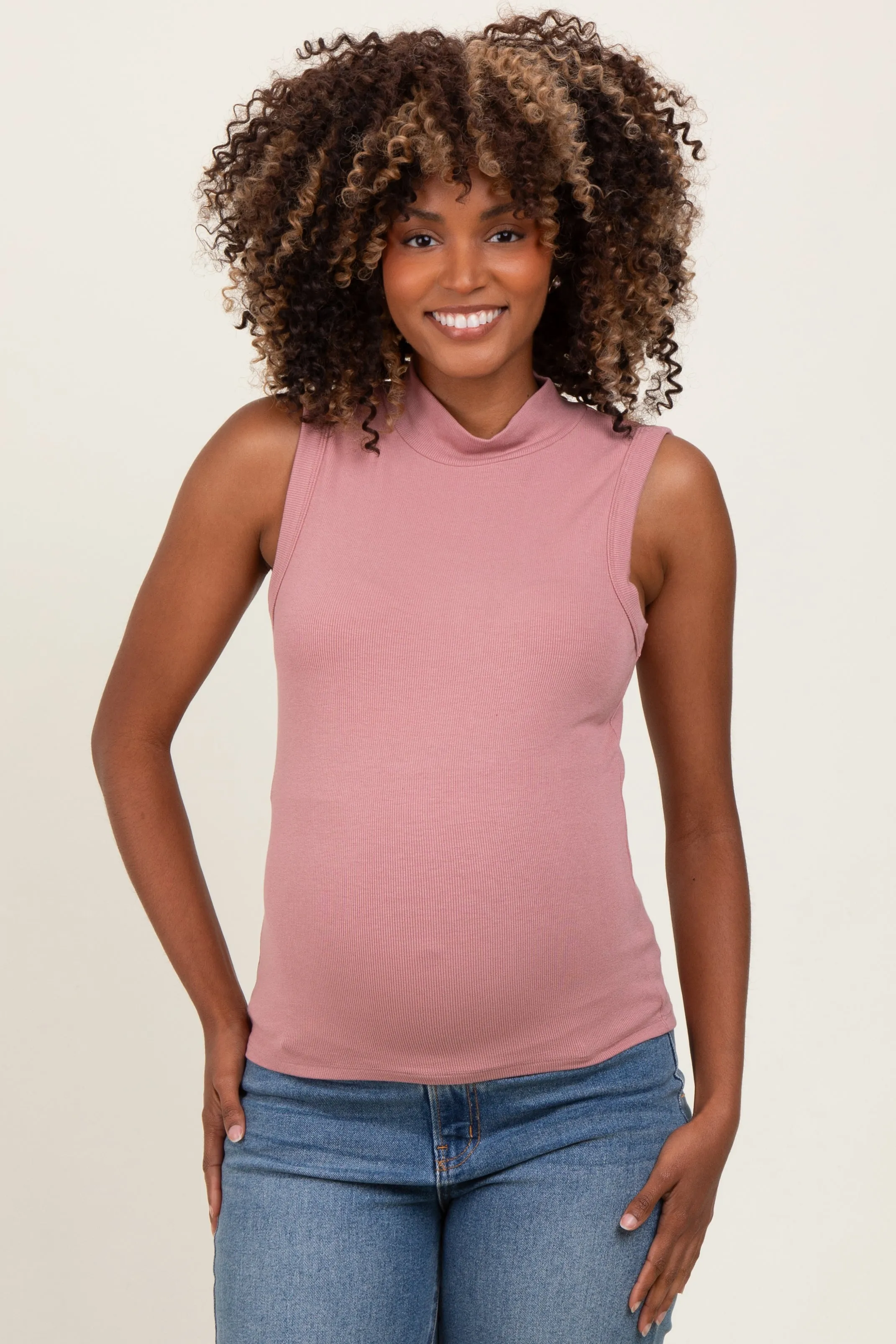 Peach Knit Mock Neck Sleeveless Maternity Top sold by Pinkblush
