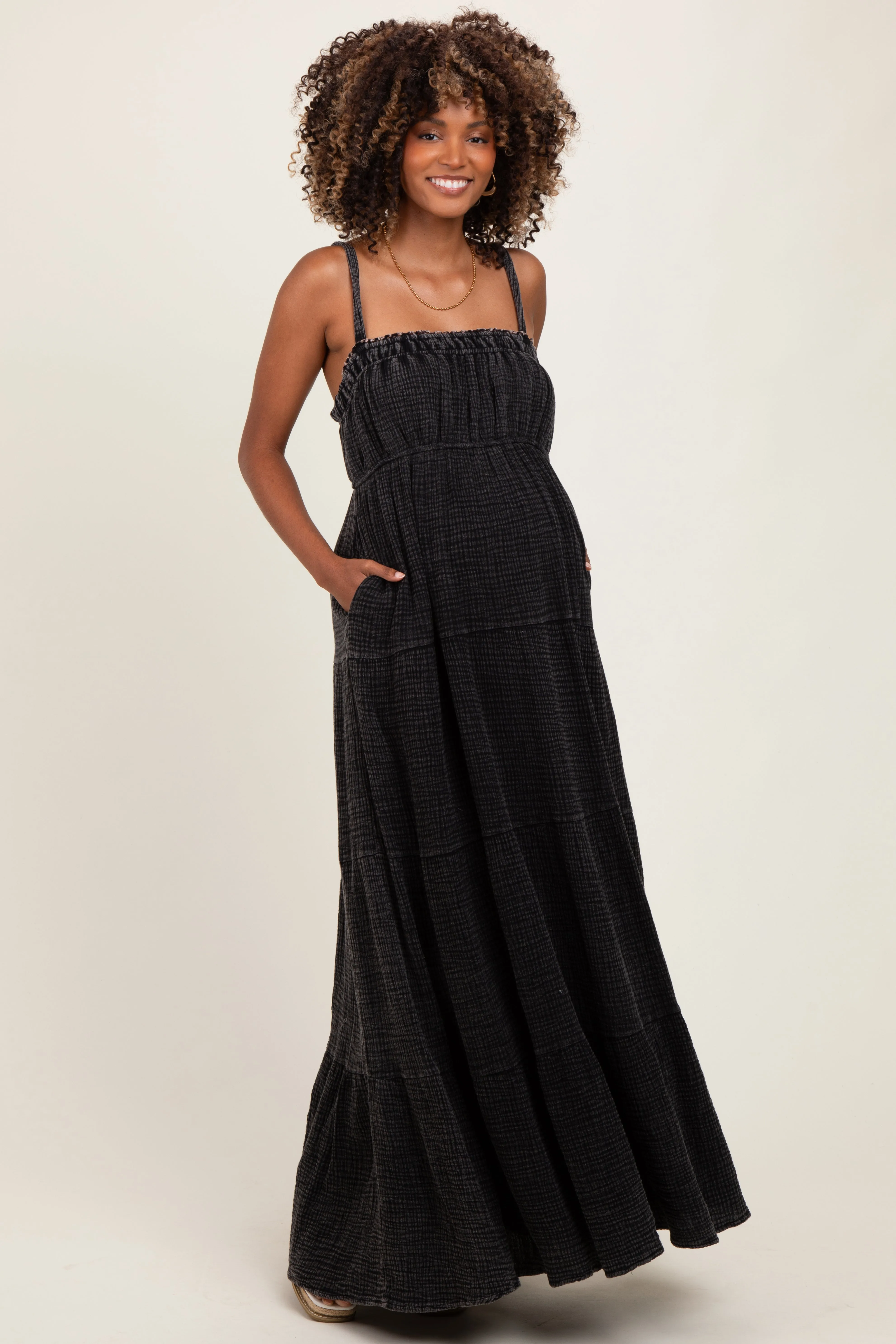 Black Tiered Sleeveless Maternity Maxi Dress sold by Pinkblush