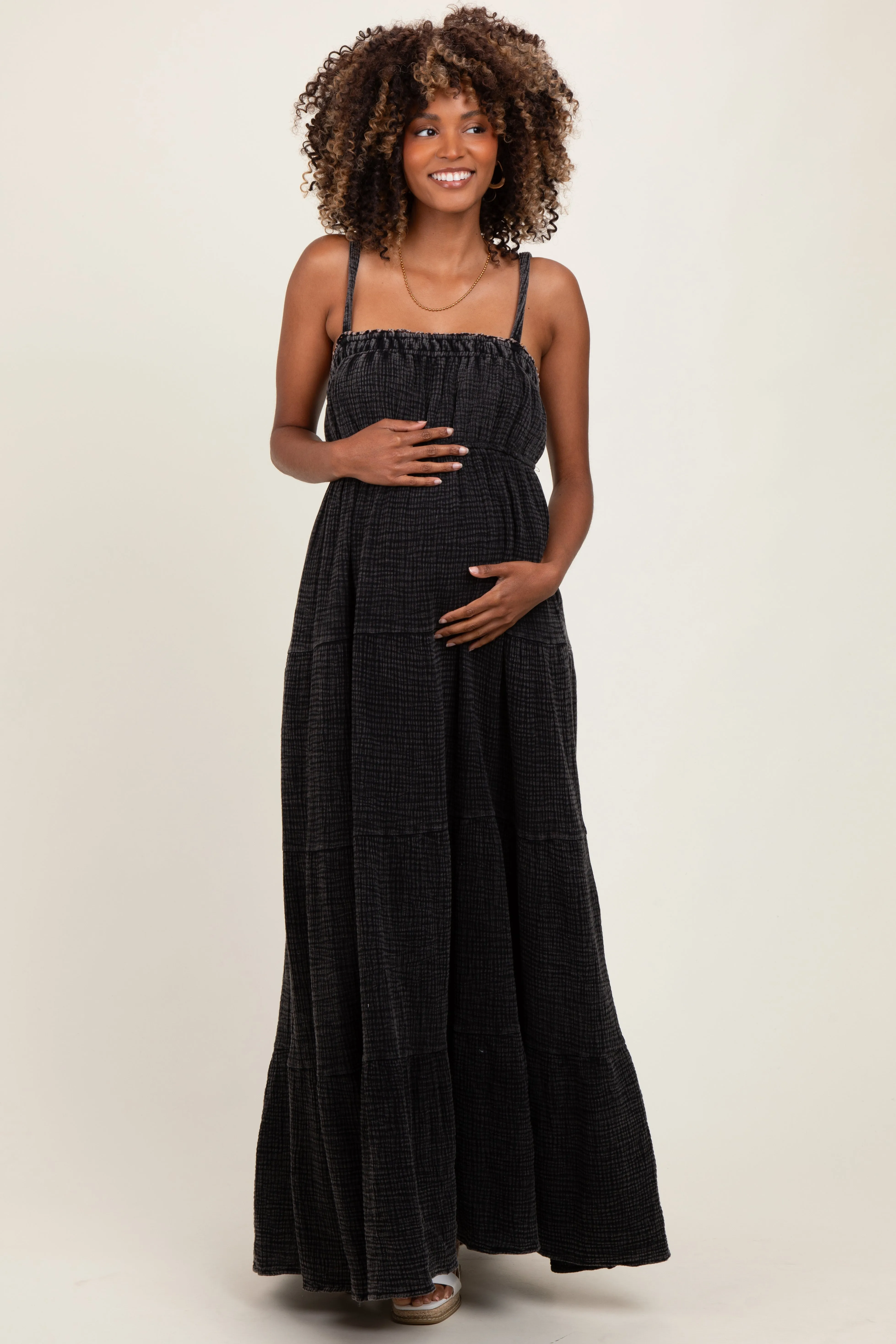 Black Tiered Sleeveless Maternity Maxi Dress sold by Pinkblush product image thumbnail 2