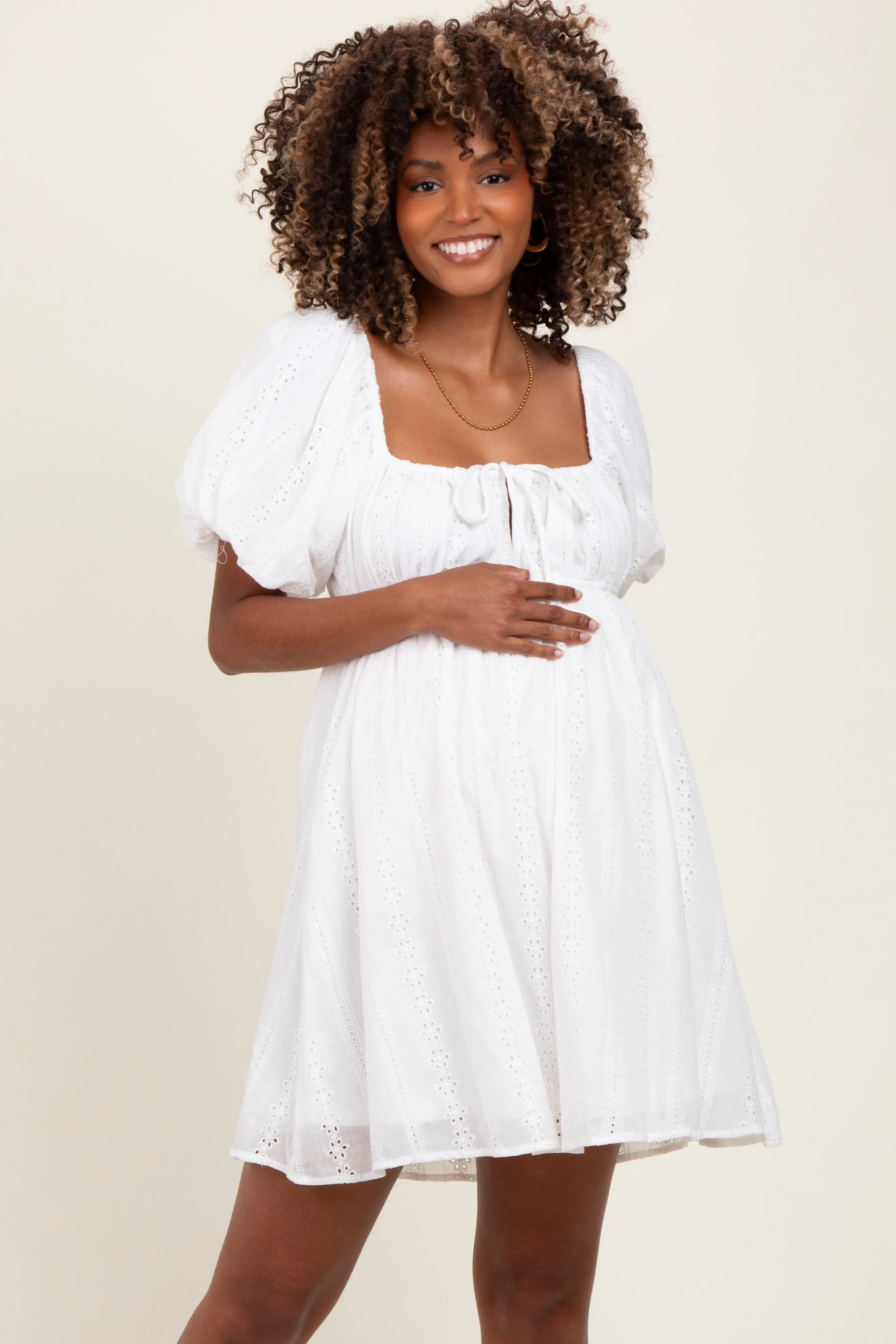 Ivory Eyelet Lace Puff Sleeve Maternity Mini Dress sold by Pinkblush