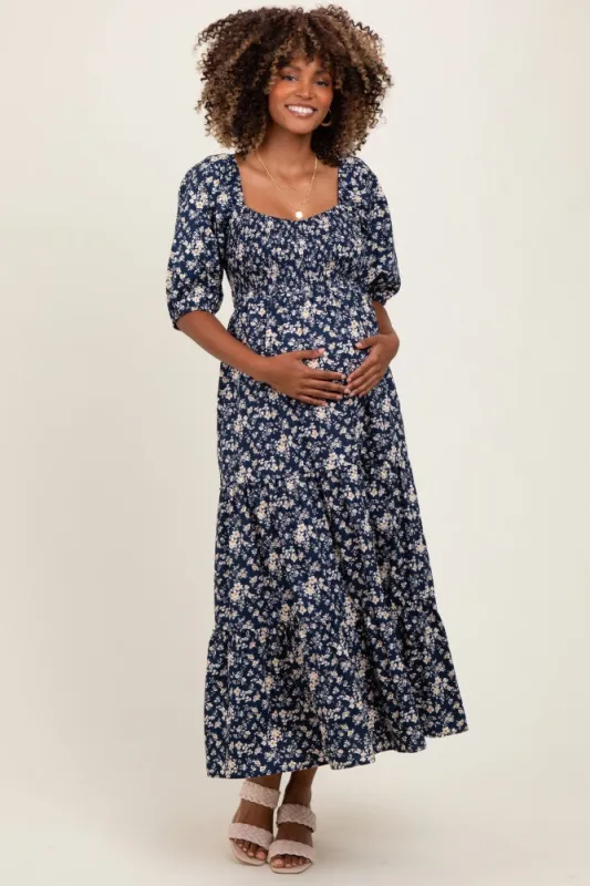 Blue Floral Smocked Puff Sleeve Maternity Maxi Dress sold by Pinkblush