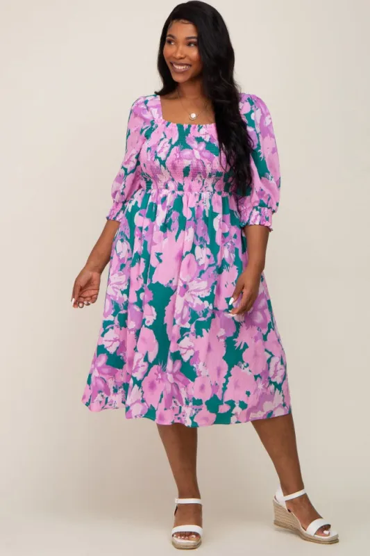 Lavender Floral Square Neck Smocked Plus Midi Dress sold by Pinkblush
