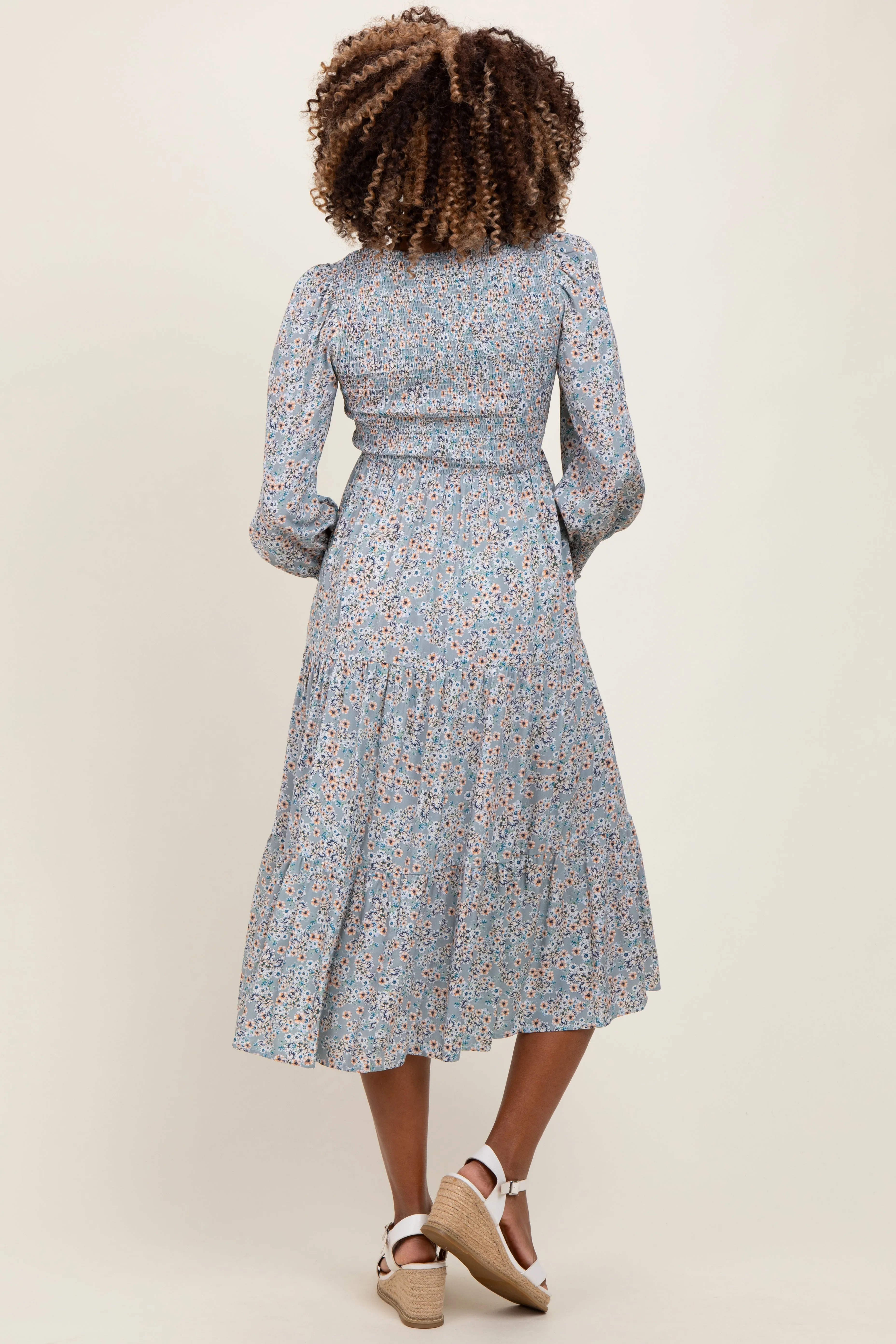 Light Blue Floral Smocked Bubble Sleeve Maternity Midi Dress sold by Pinkblush product image thumbnail 2