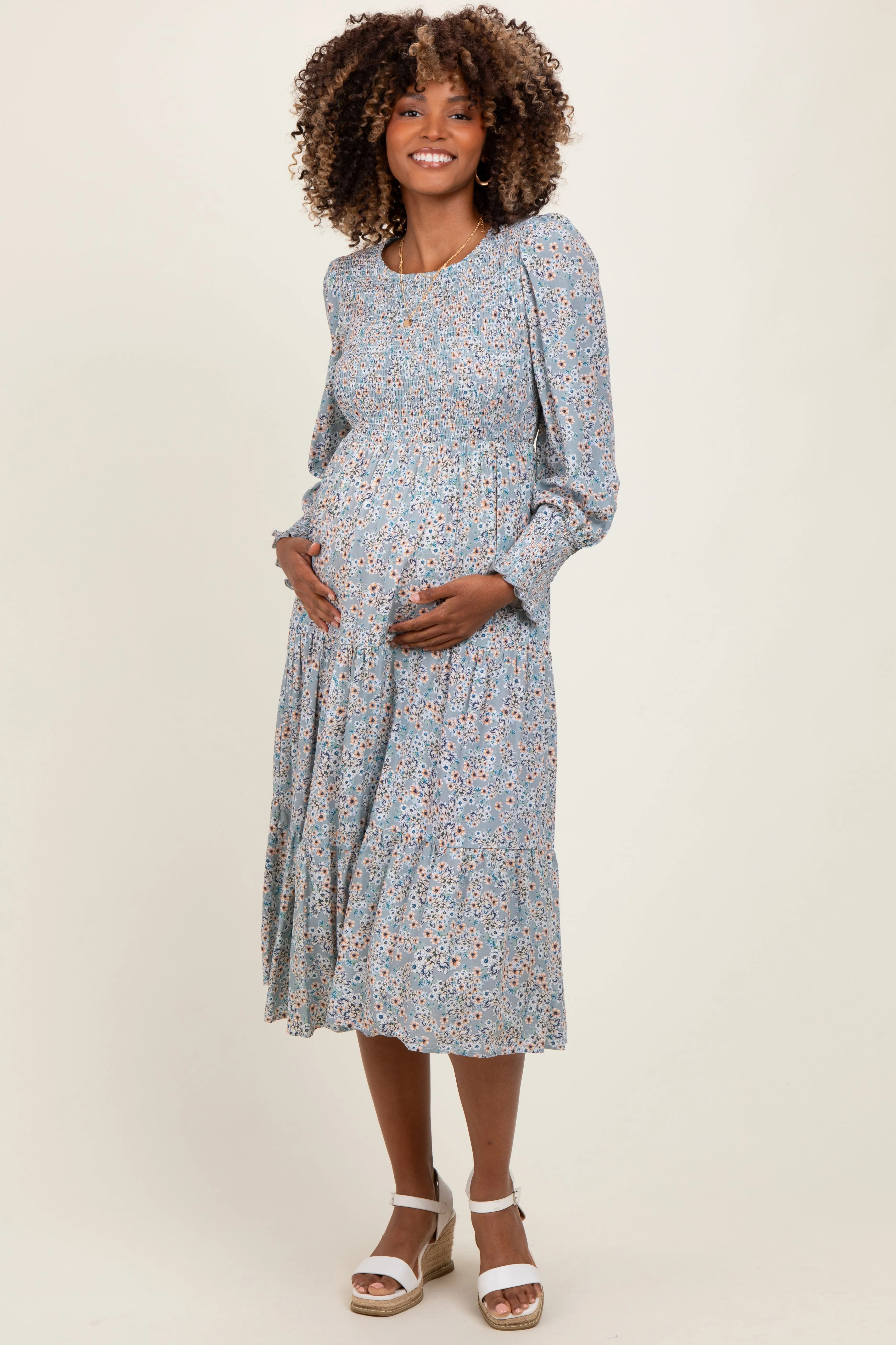 Light Blue Floral Smocked Bubble Sleeve Maternity Midi Dress sold by Pinkblush