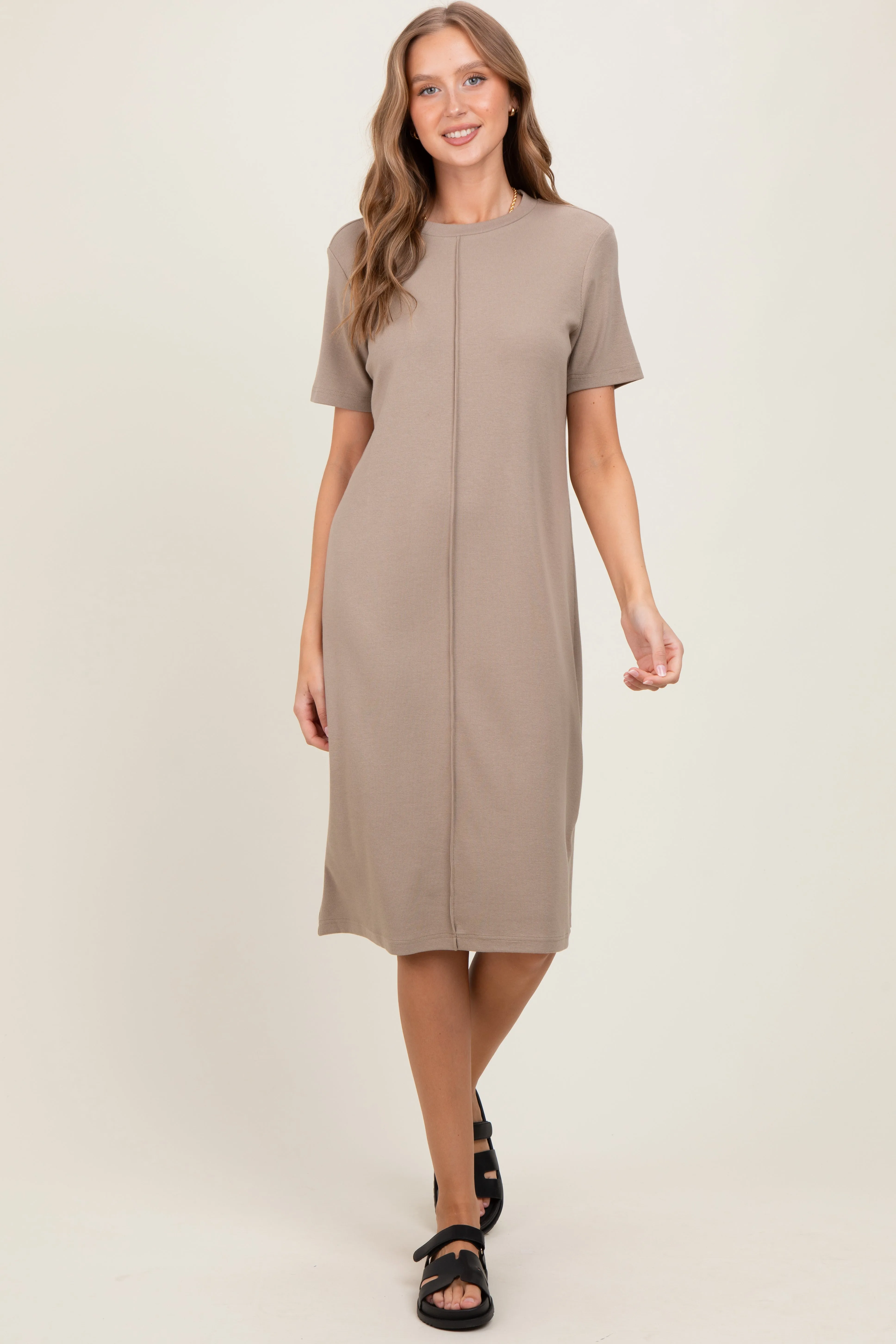 Taupe Soft Knit Short Sleeve Dress sold by Pinkblush