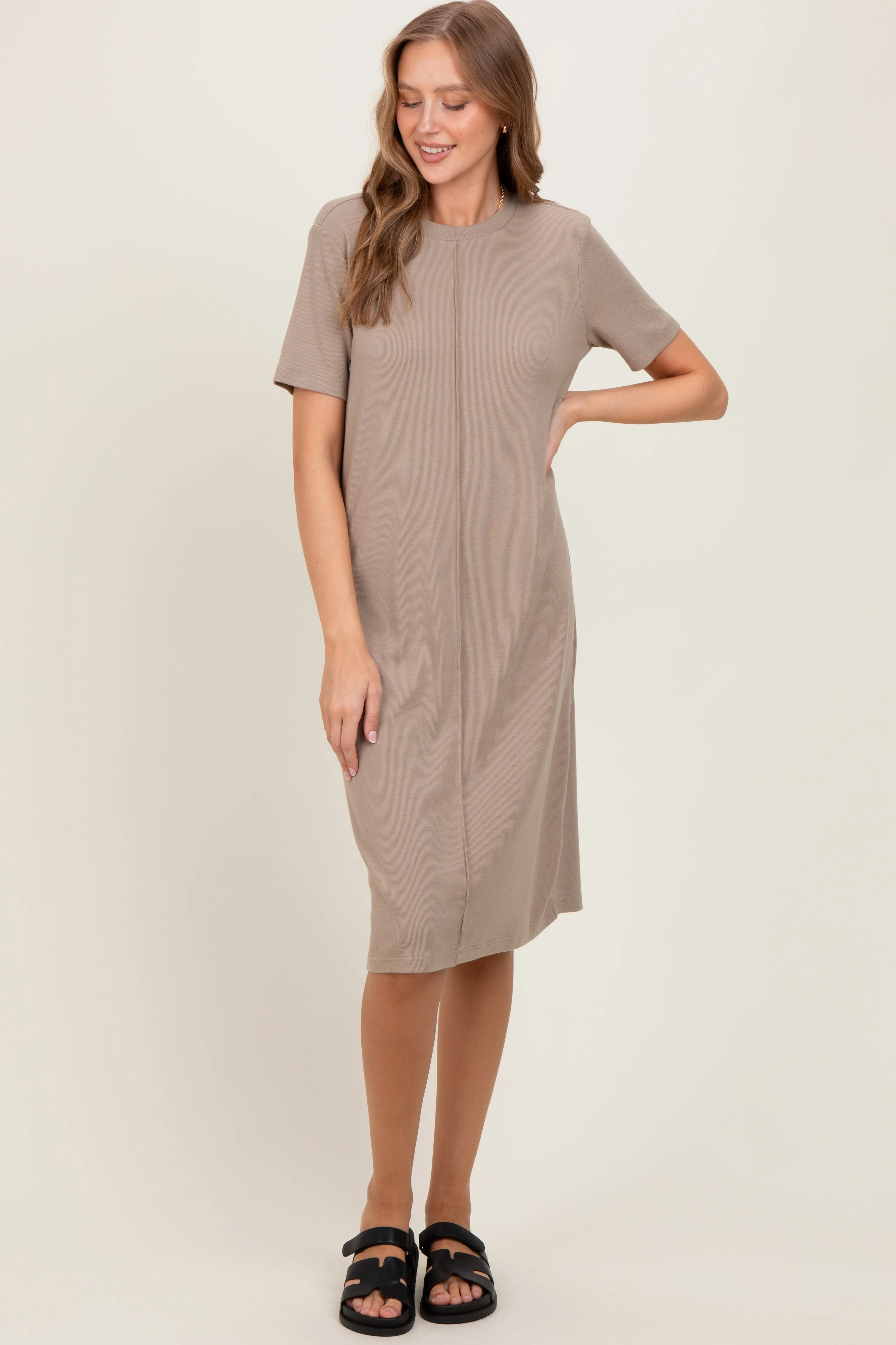 Taupe Soft Knit Short Sleeve Dress sold by Pinkblush product image thumbnail 2