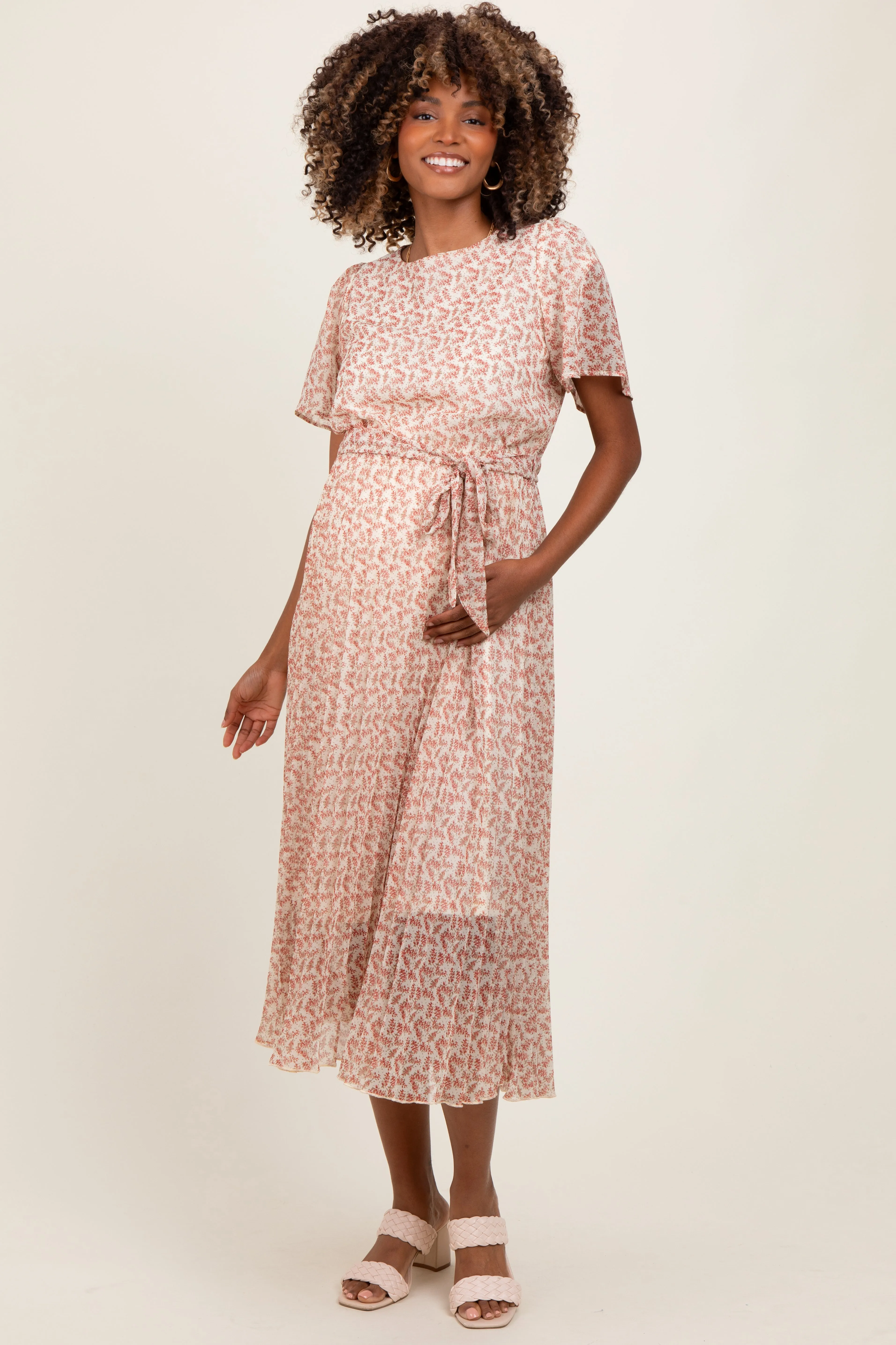 Cream Print Pleated Maternity Midi Dress sold by Pinkblush