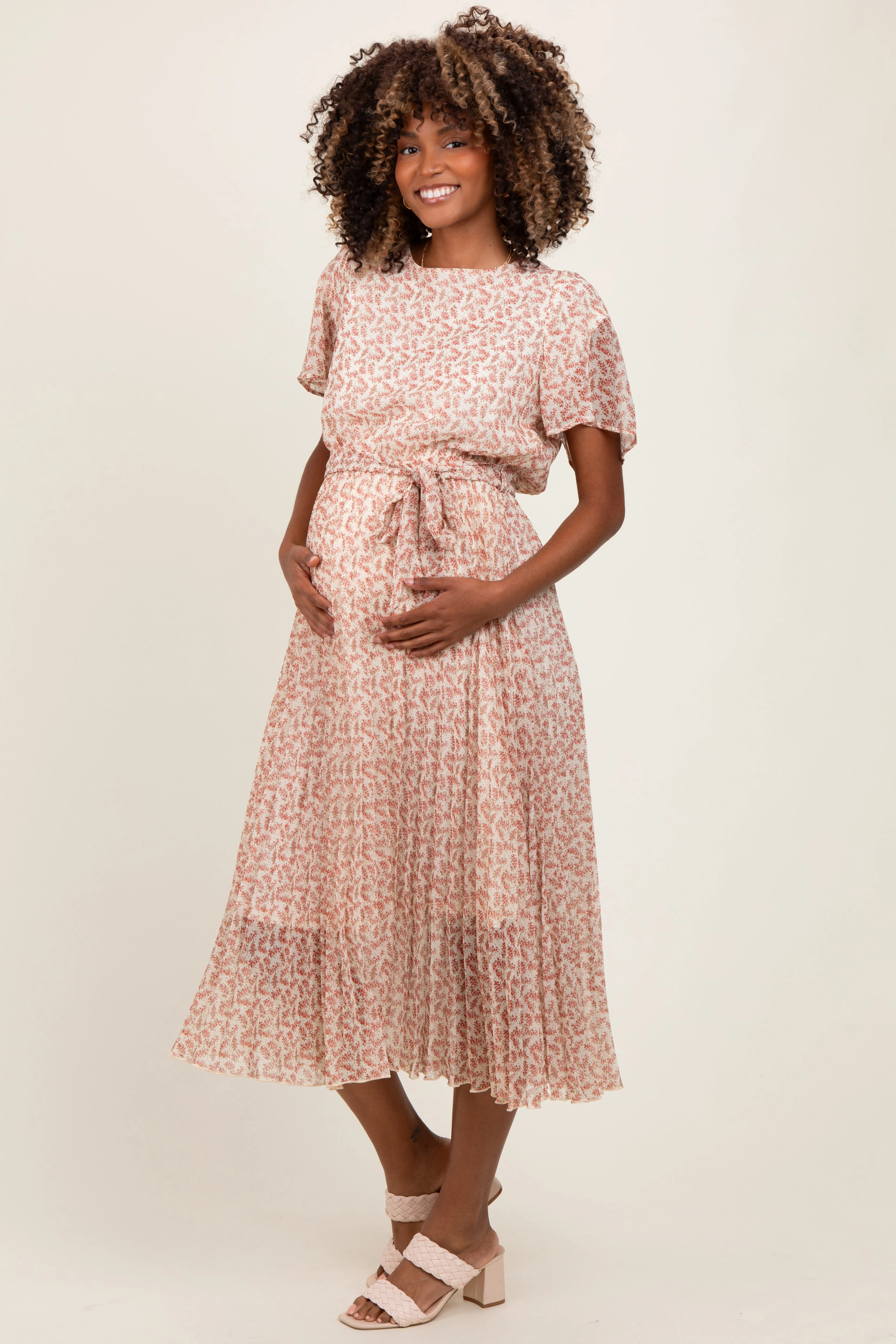 Cream Print Pleated Maternity Midi Dress sold by Pinkblush product image thumbnail 2