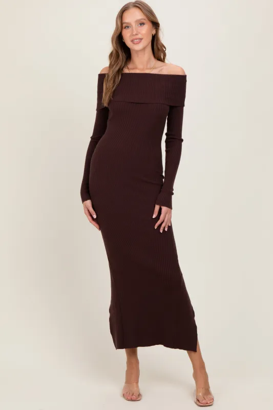 Brown Ribbed Knit Off Shoulder Side Slit Sweater Dress sold by Pinkblush