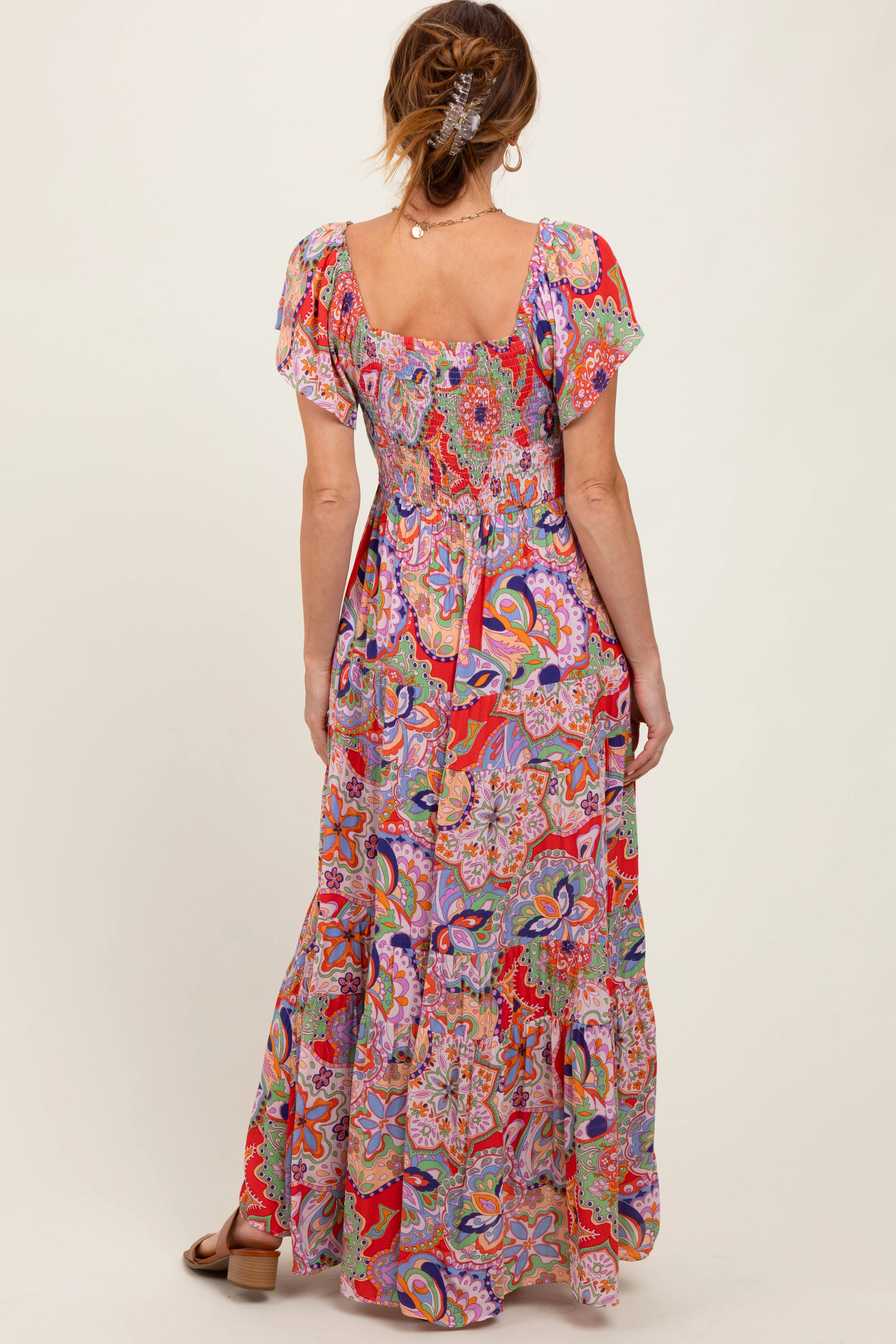 Red Floral Paisley Smocked Tiered Maxi Dress sold by Pinkblush product image thumbnail 4