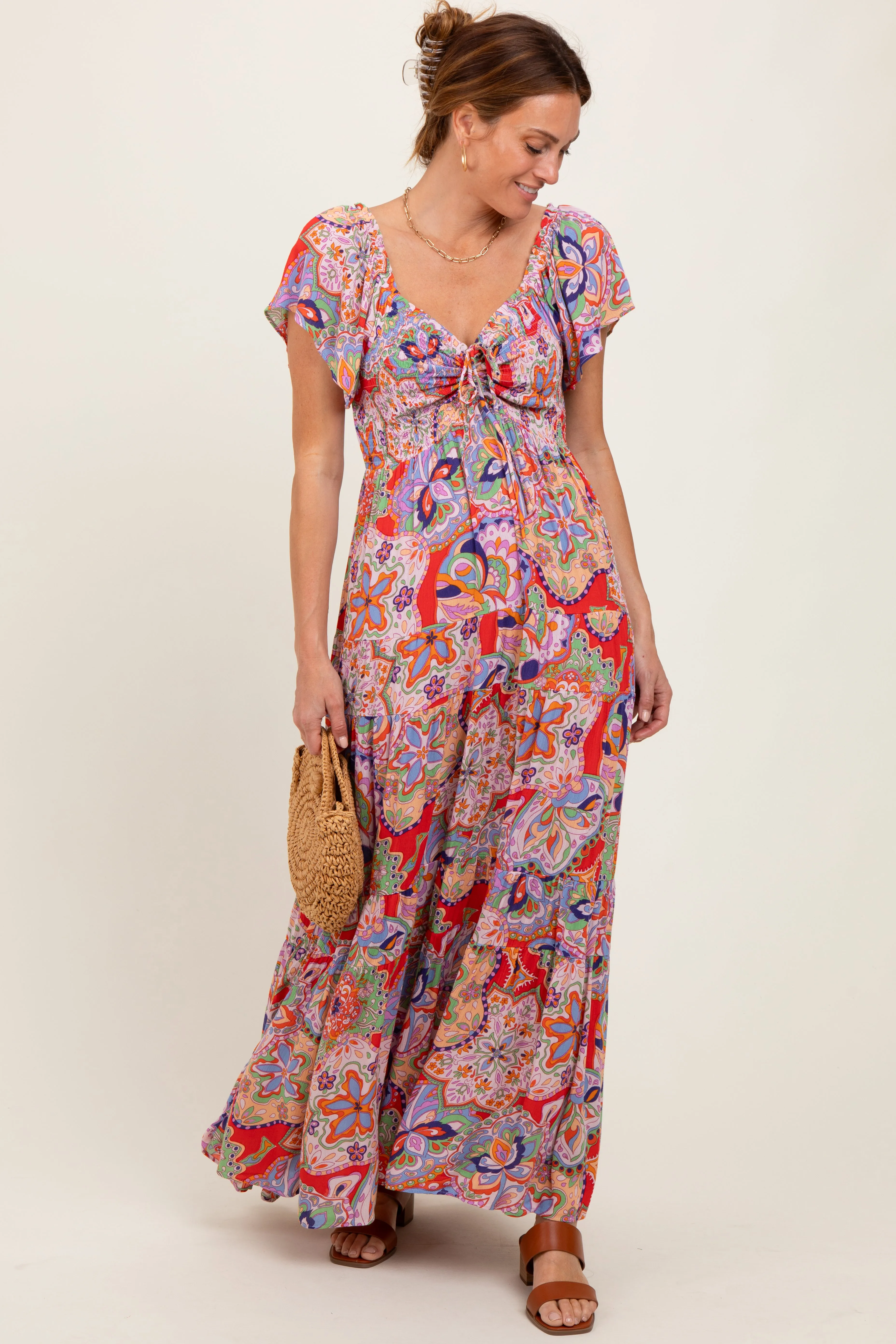 Red Floral Paisley Smocked Tiered Maxi Dress sold by Pinkblush