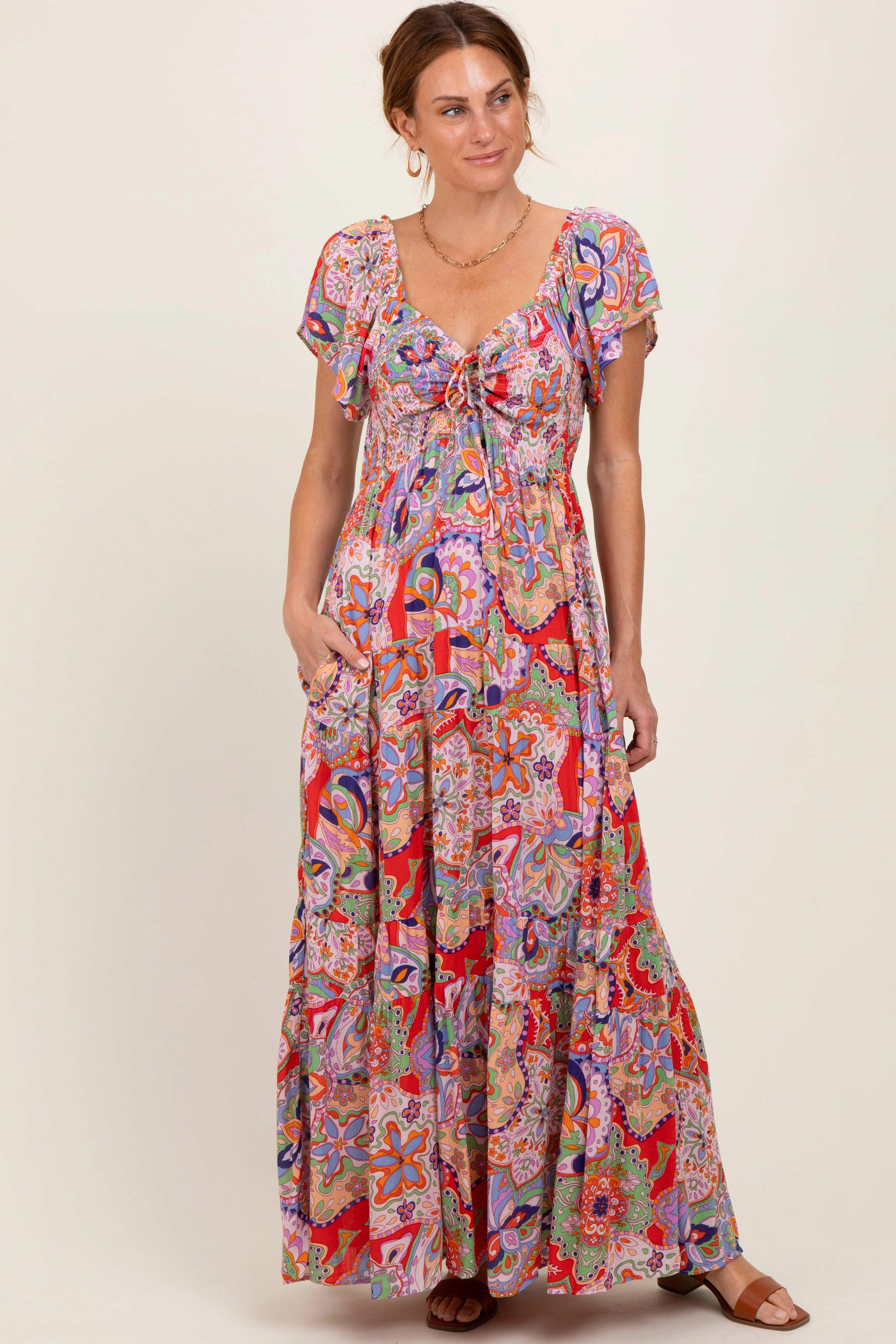 Red Floral Paisley Smocked Tiered Maxi Dress sold by Pinkblush product image thumbnail 2