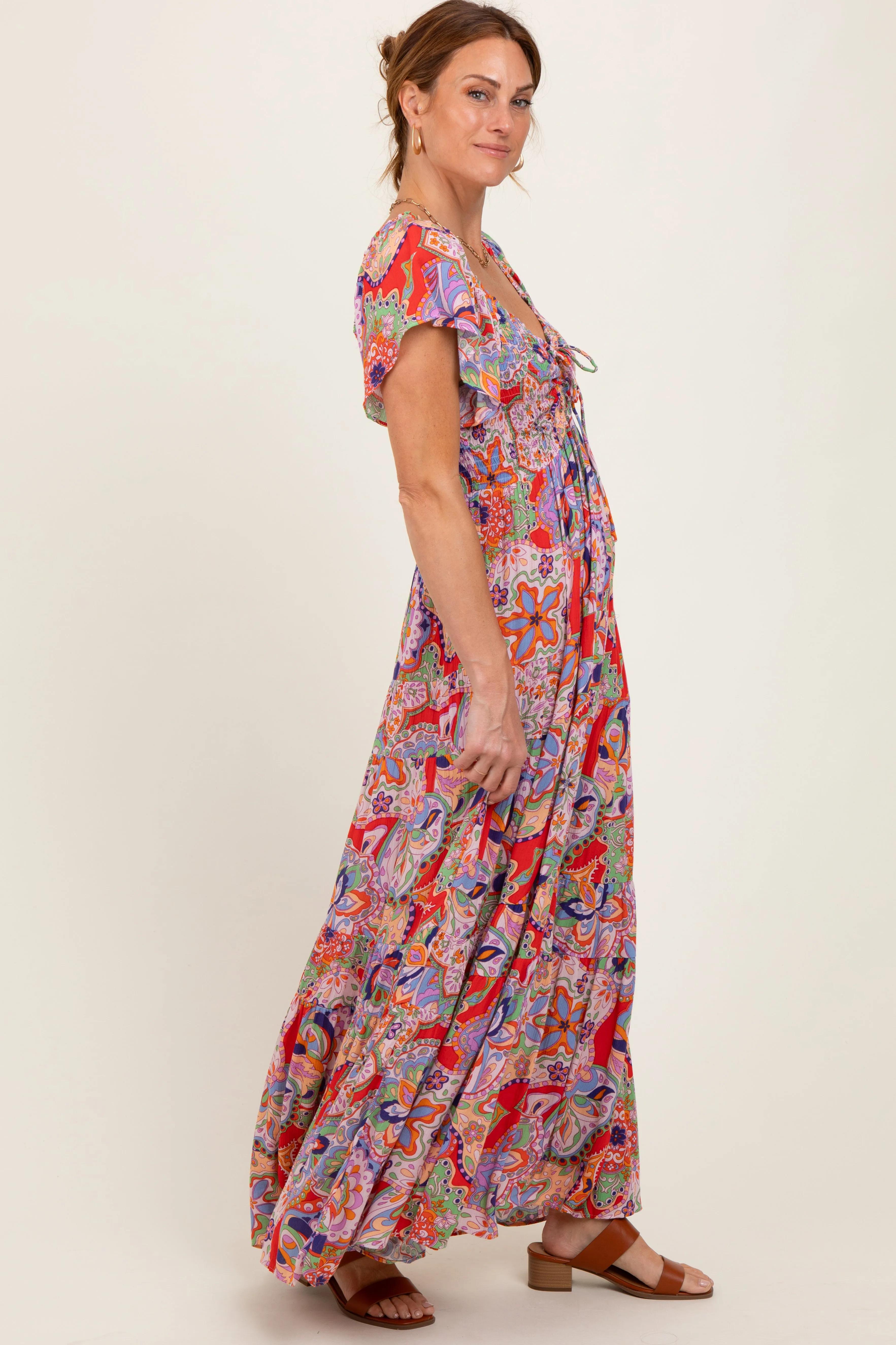 Red Floral Paisley Smocked Tiered Maxi Dress sold by Pinkblush product image thumbnail 3