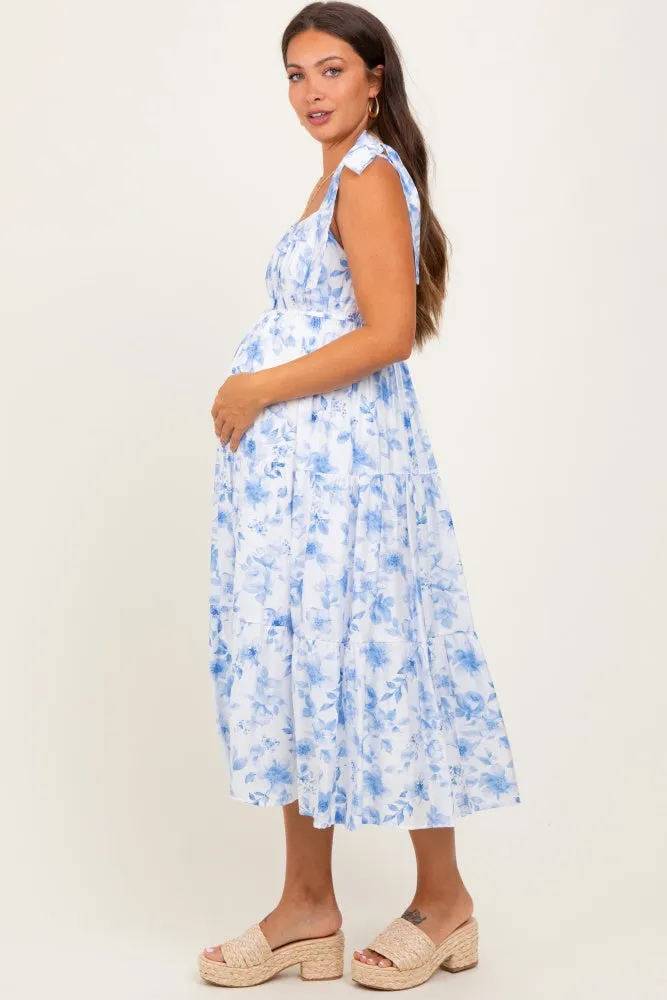 Blue Floral Shoulder Tie Tiered Maternity Midi Dress sold by Pinkblush product image thumbnail 3