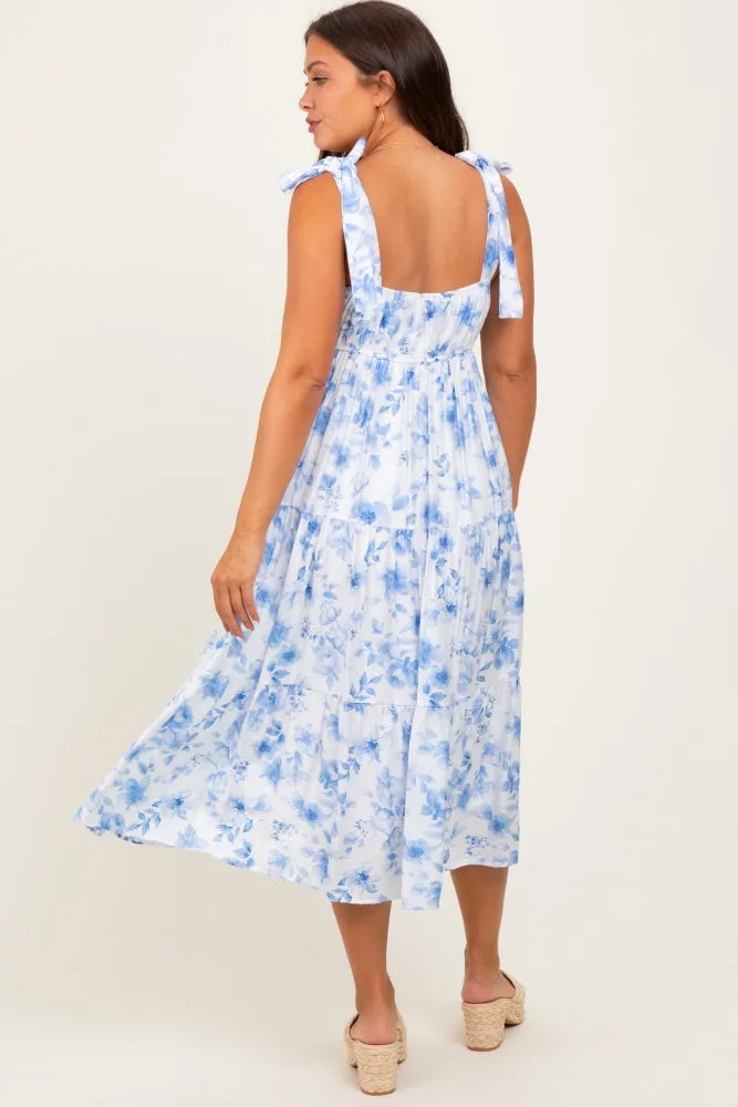 Blue Floral Shoulder Tie Tiered Maternity Midi Dress sold by Pinkblush product image thumbnail 4