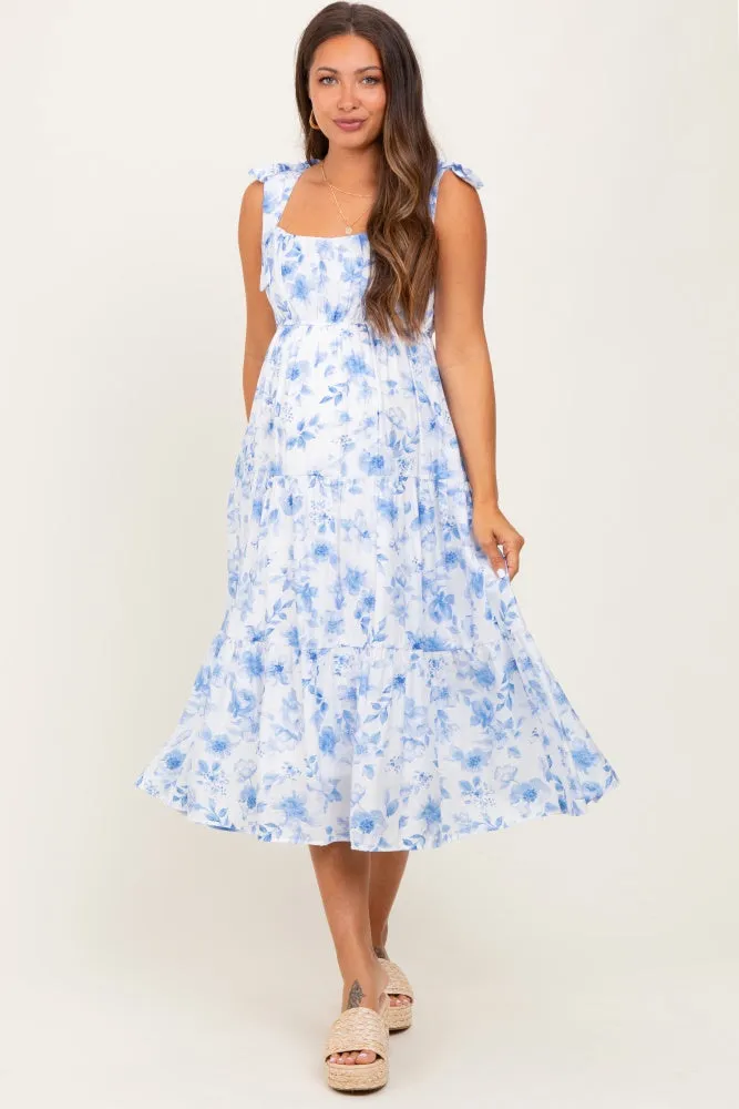 Blue Floral Shoulder Tie Tiered Maternity Midi Dress sold by Pinkblush