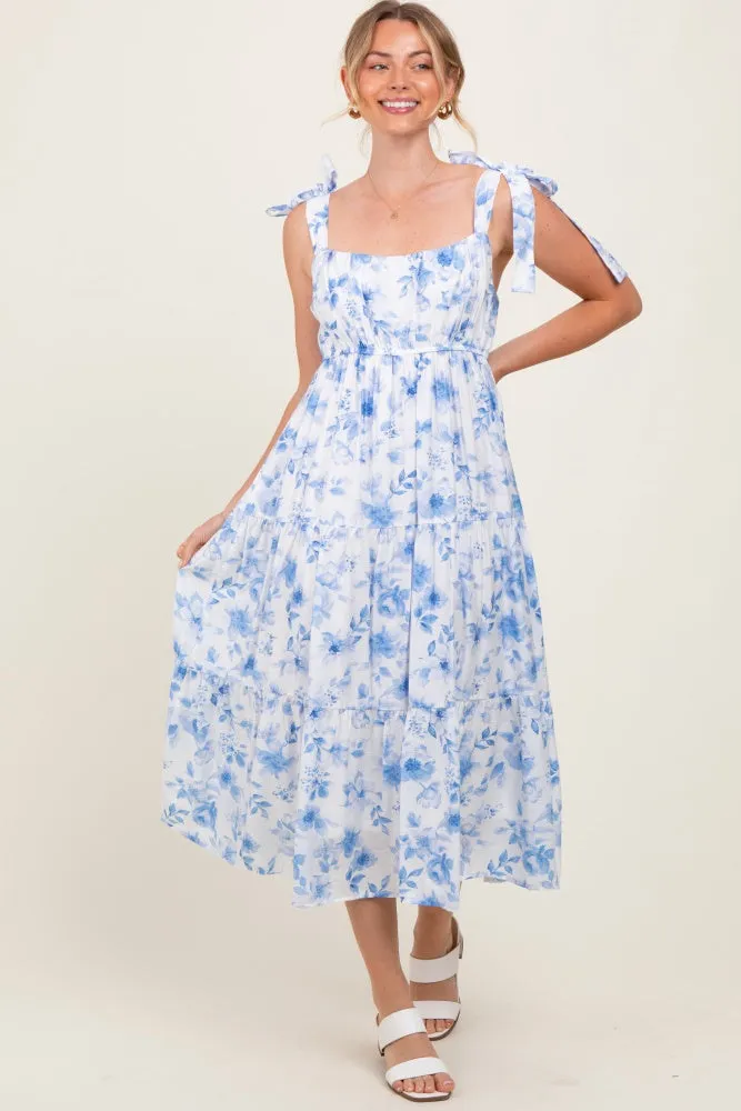 Blue Floral Shoulder Tie Tiered Maternity Midi Dress sold by Pinkblush product image thumbnail 5
