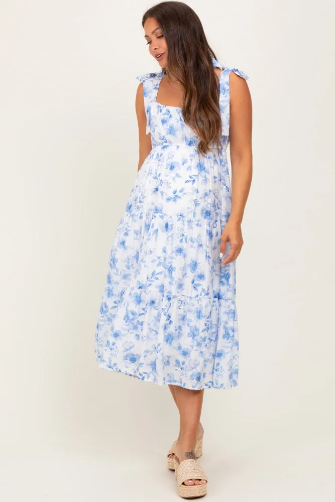 Blue Floral Shoulder Tie Tiered Maternity Midi Dress sold by Pinkblush product image thumbnail 2