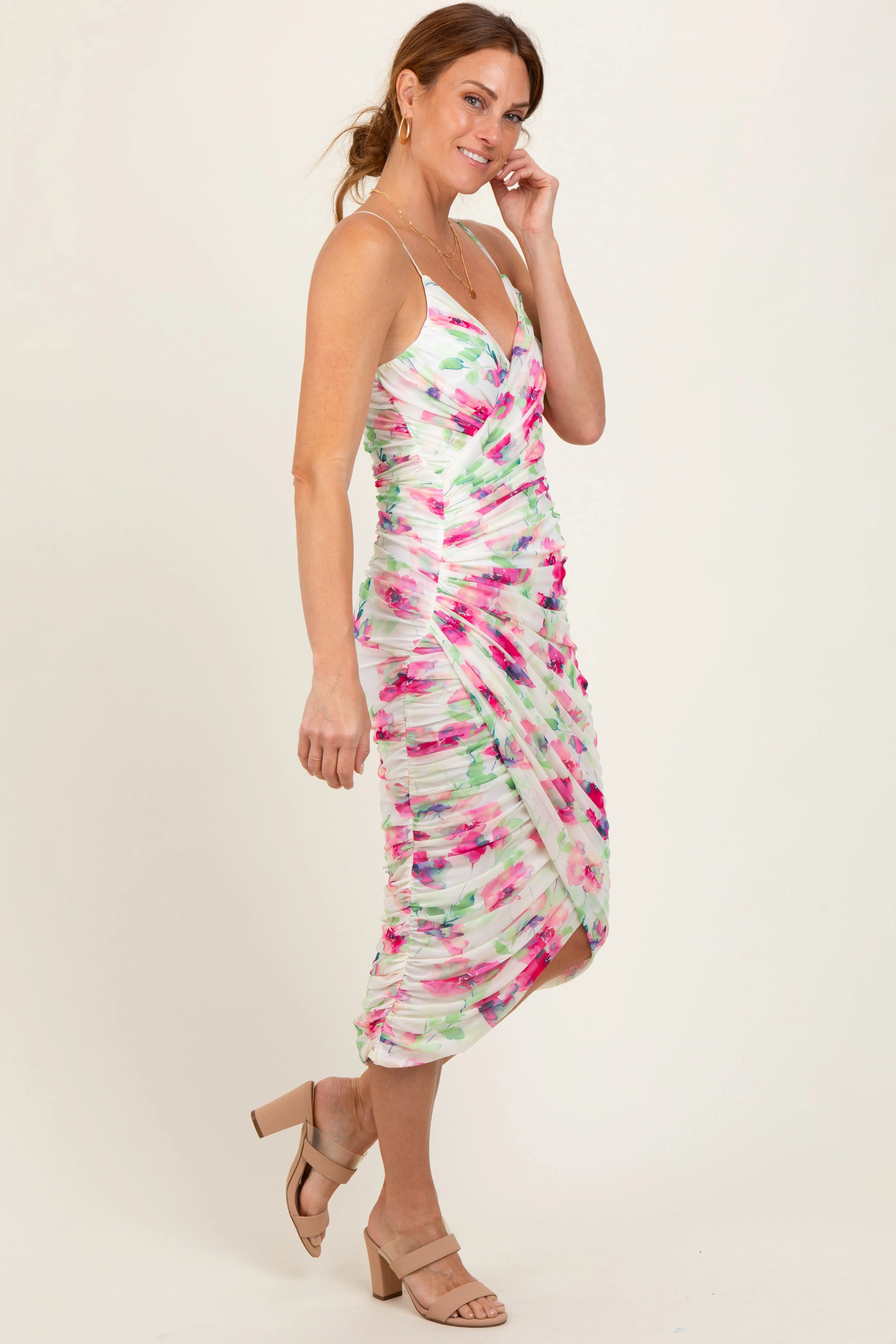 Fuchsia Floral Ruched Tulip Hem Midi Dress sold by Pinkblush product image thumbnail 3