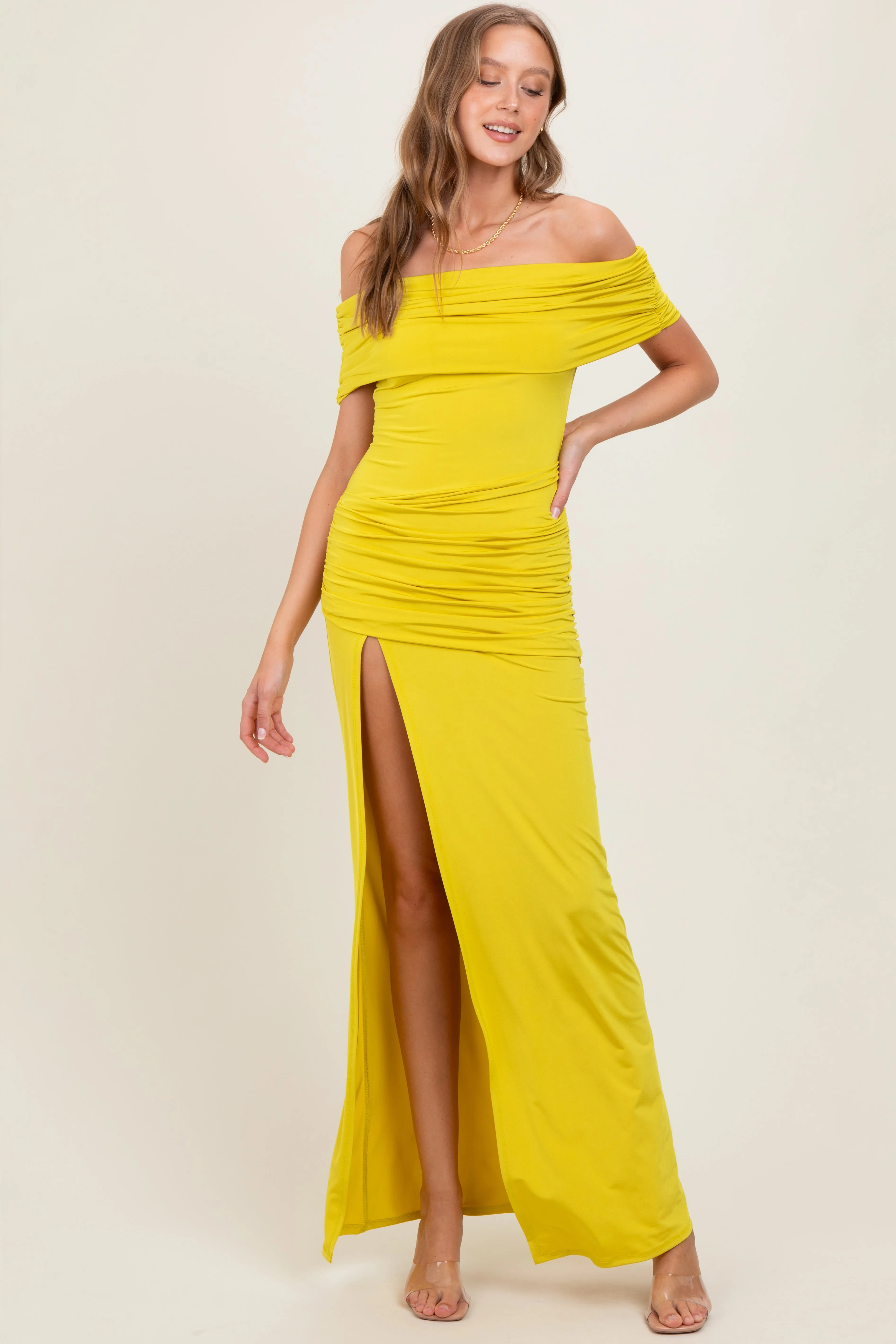 Lime Foldover Off Shoulder Ruched High Slit Maxi Dress sold by Pinkblush product image thumbnail 2