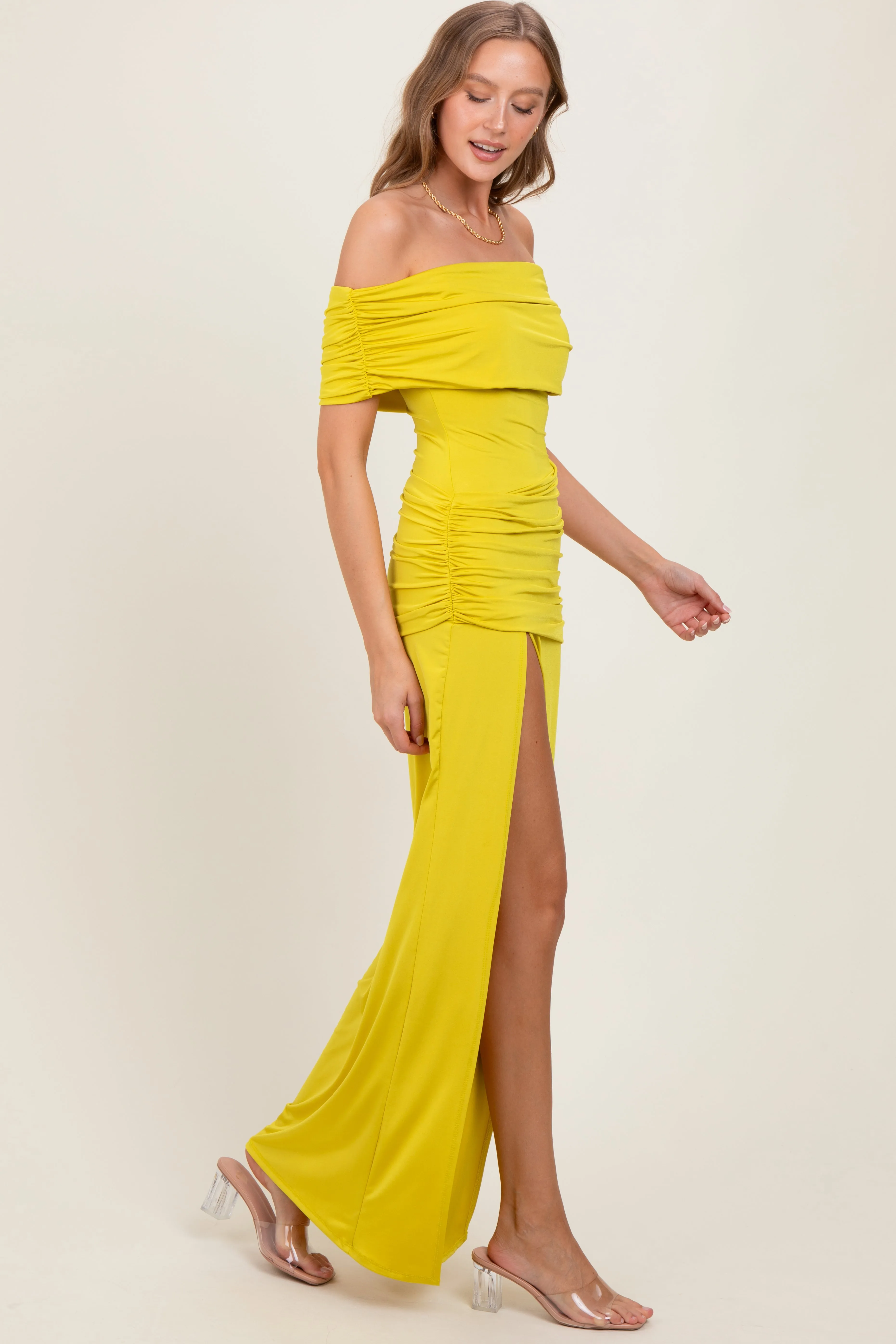 Lime Foldover Off Shoulder Ruched High Slit Maxi Dress sold by Pinkblush product image thumbnail 3