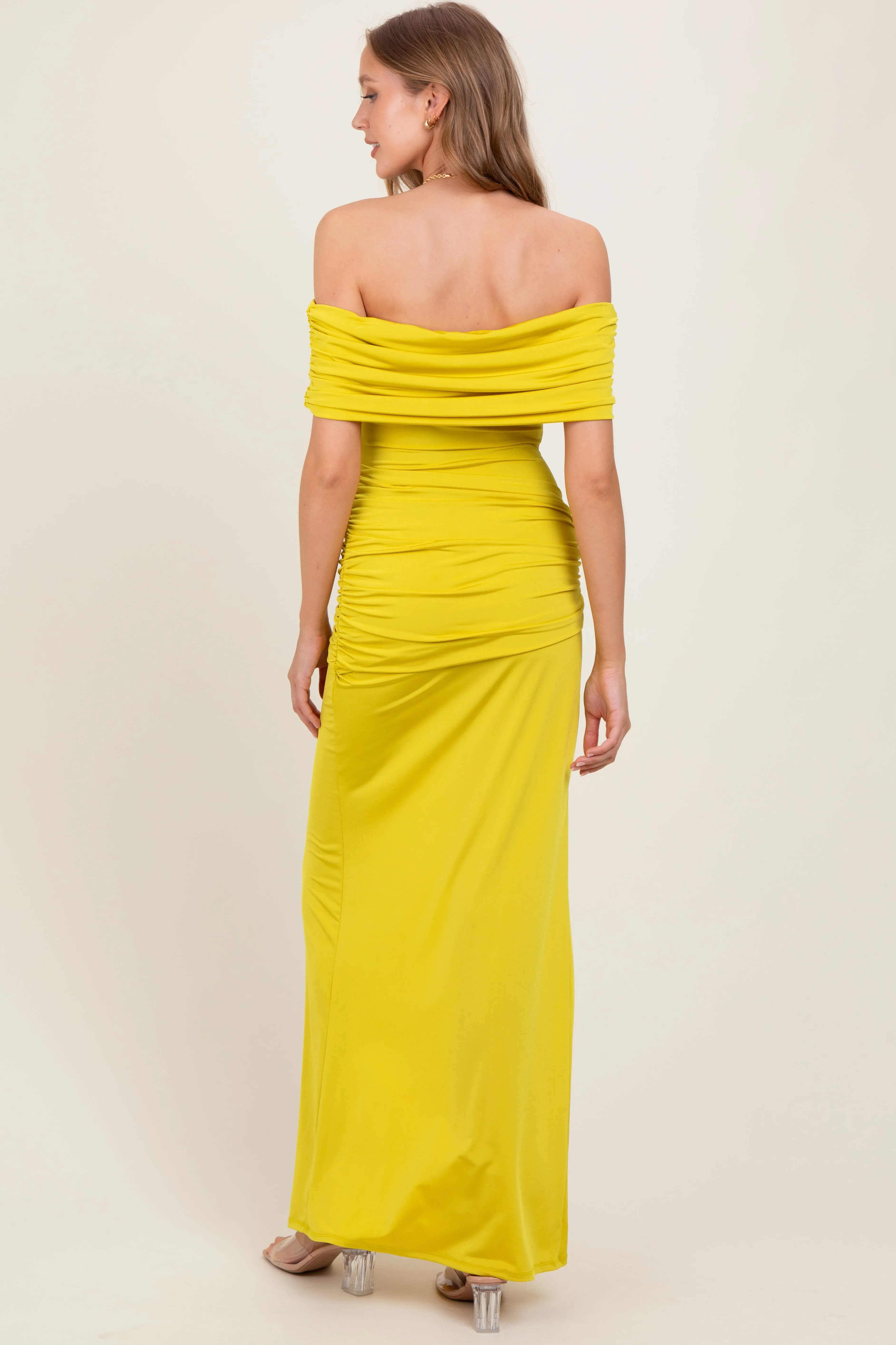 Lime Foldover Off Shoulder Ruched High Slit Maxi Dress sold by Pinkblush product image thumbnail 4