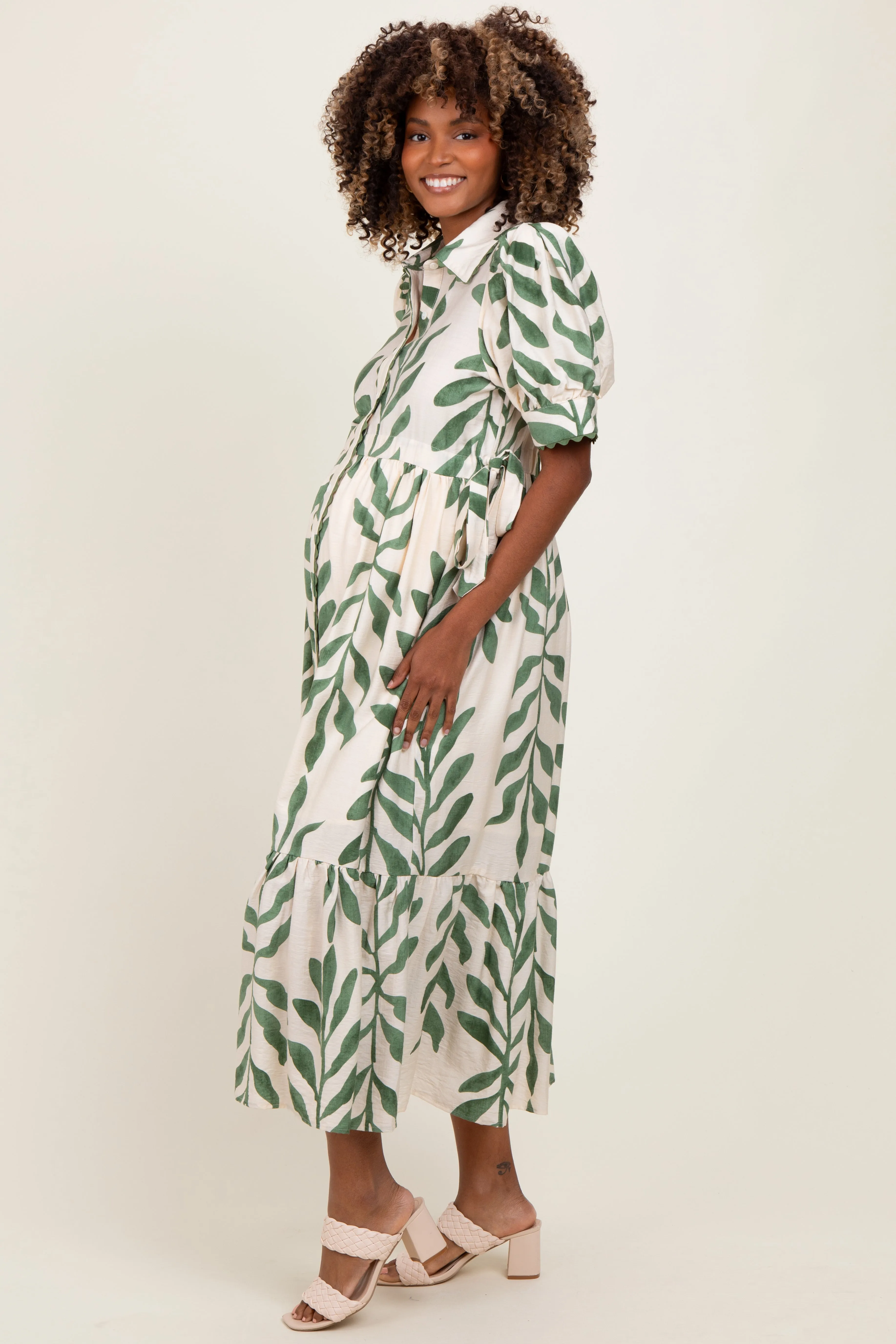 Olive Leaf Print Scallop Trim Maternity Midi Shirt Dress sold by Pinkblush product image thumbnail 2