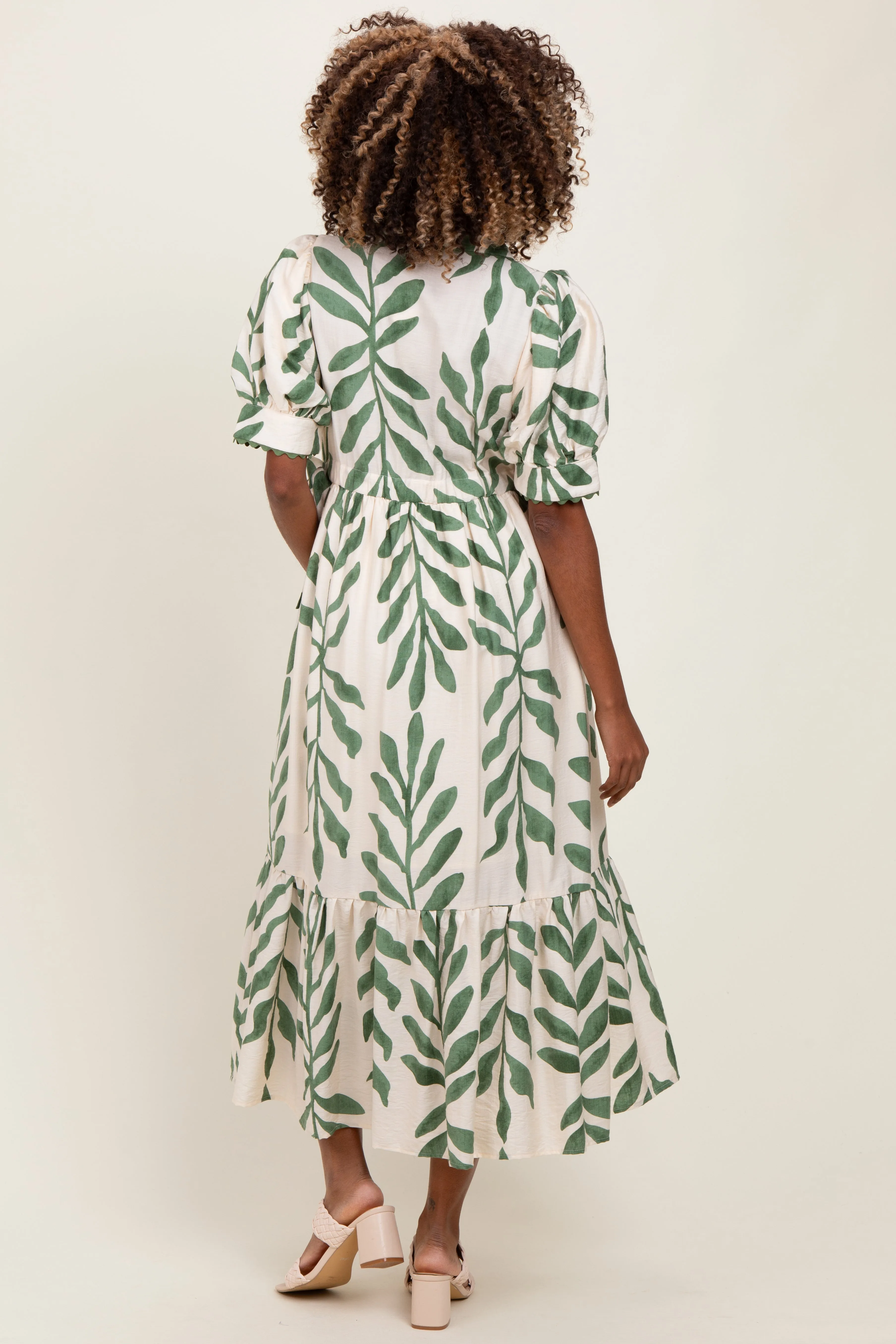 Olive Leaf Print Scallop Trim Maternity Midi Shirt Dress sold by Pinkblush product image thumbnail 3