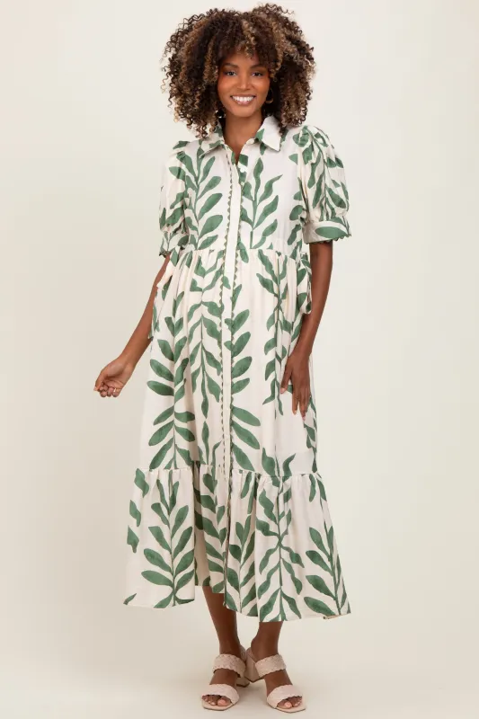 Olive Leaf Print Scallop Trim Maternity Midi Shirt Dress sold by Pinkblush