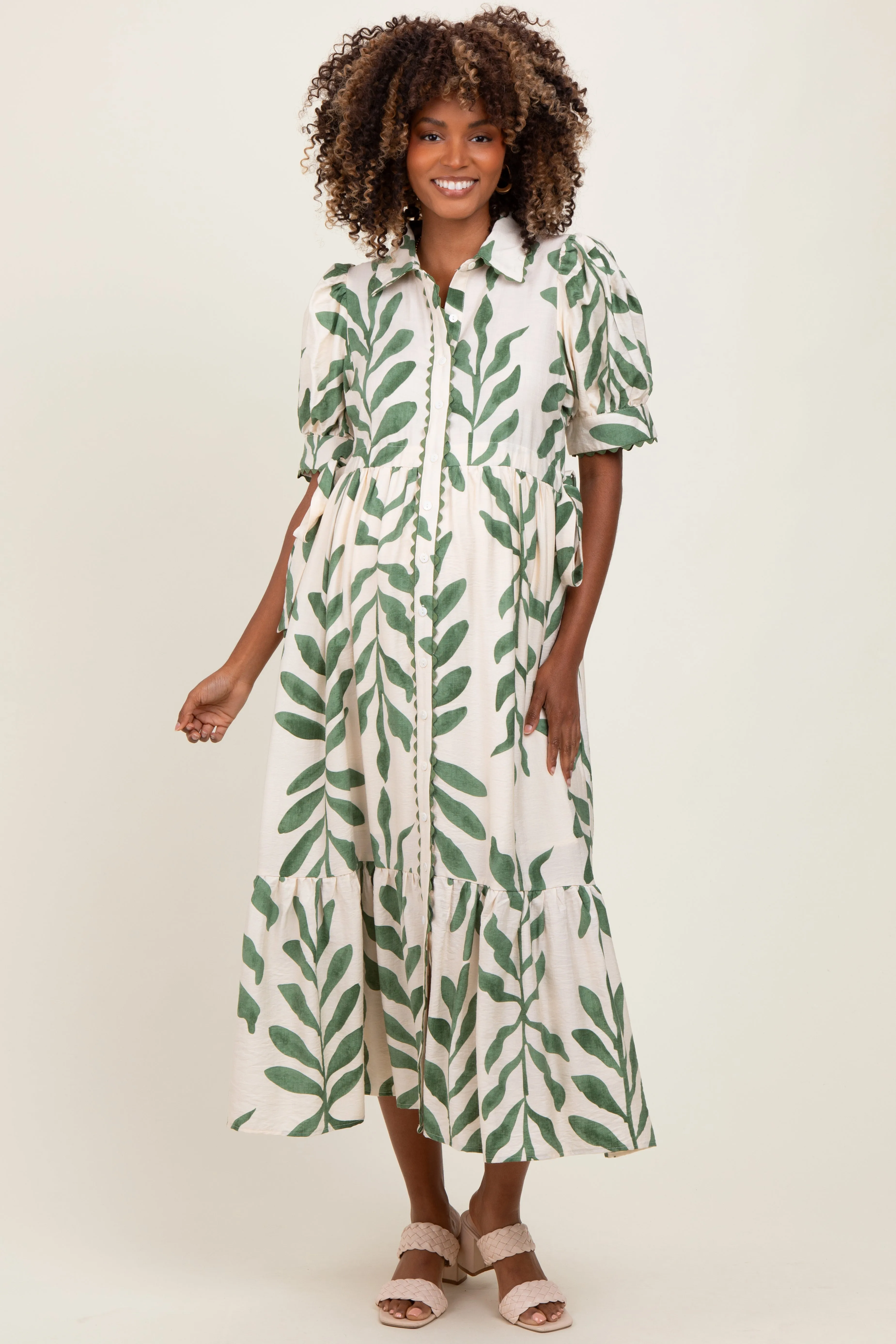 Olive Leaf Print Scallop Trim Maternity Midi Shirt Dress sold by Pinkblush