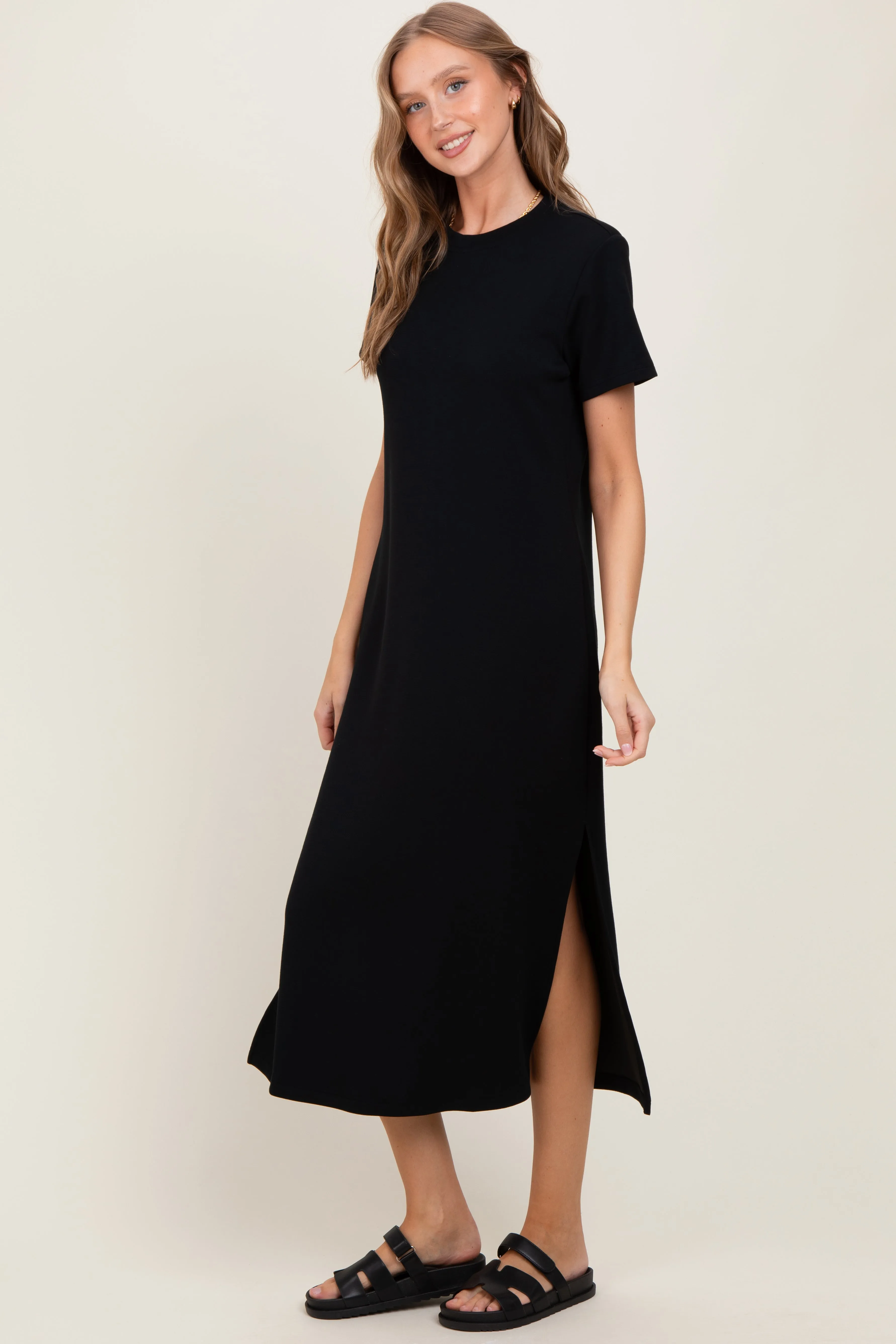 Black Basic Side Slit Short Sleeve Midi Dress sold by Pinkblush product image thumbnail 3