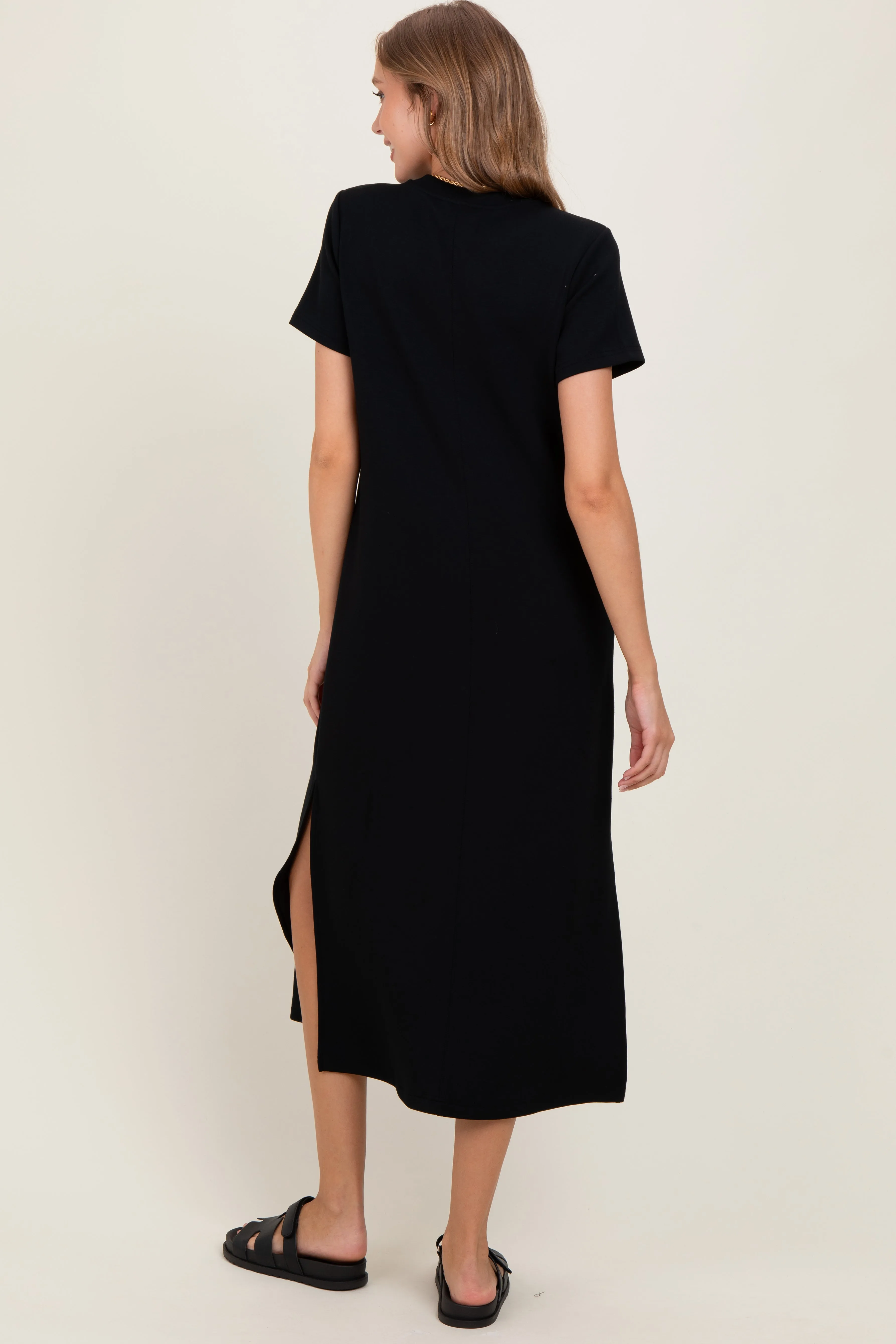 Black Basic Side Slit Short Sleeve Midi Dress sold by Pinkblush product image thumbnail 4