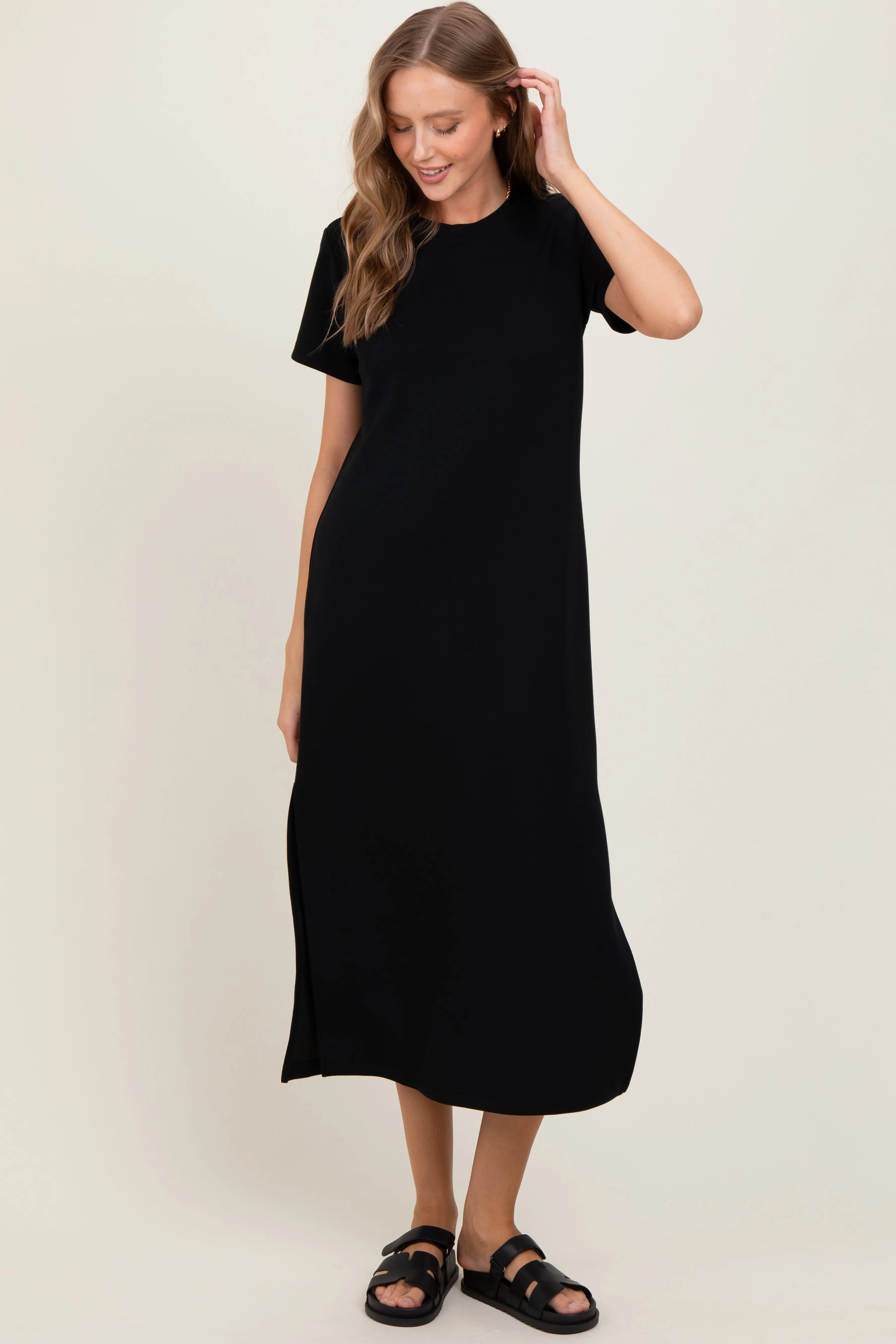 Black Basic Side Slit Short Sleeve Midi Dress sold by Pinkblush