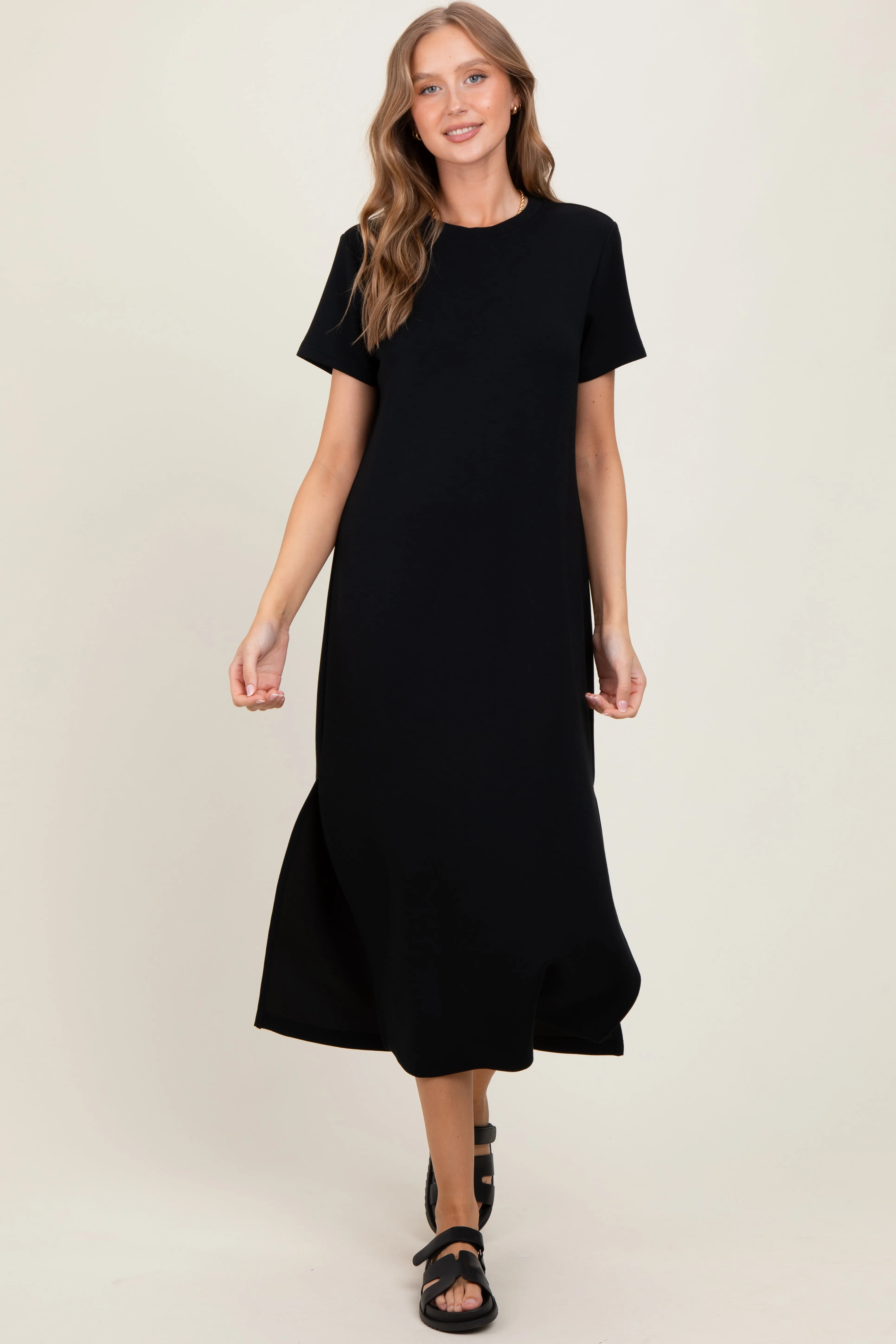 Black Basic Side Slit Short Sleeve Midi Dress sold by Pinkblush product image thumbnail 2