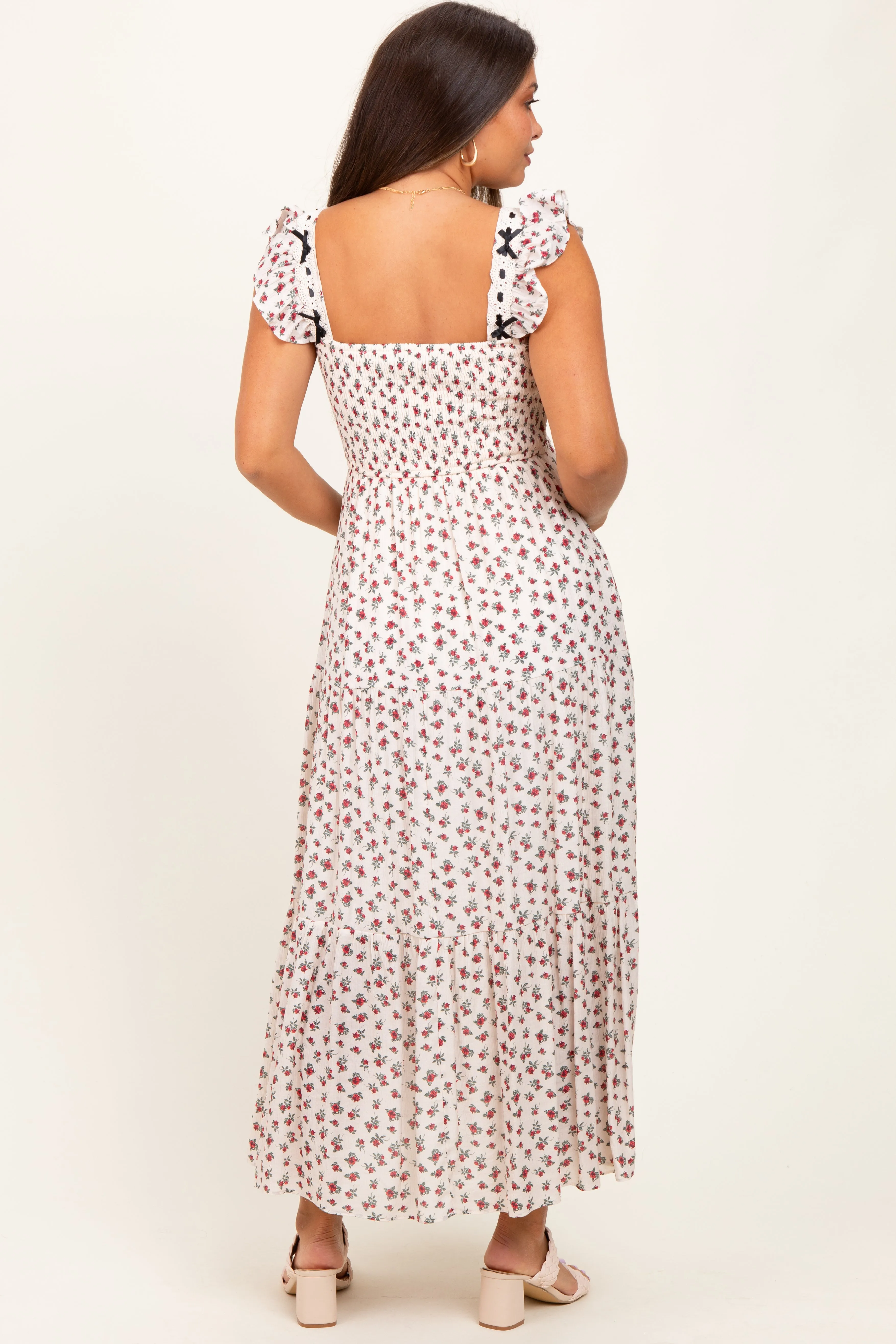 Red Floral Bow Trim Lace Detail Smocked Maternity Maxi Dress sold by Pinkblush product image thumbnail 4