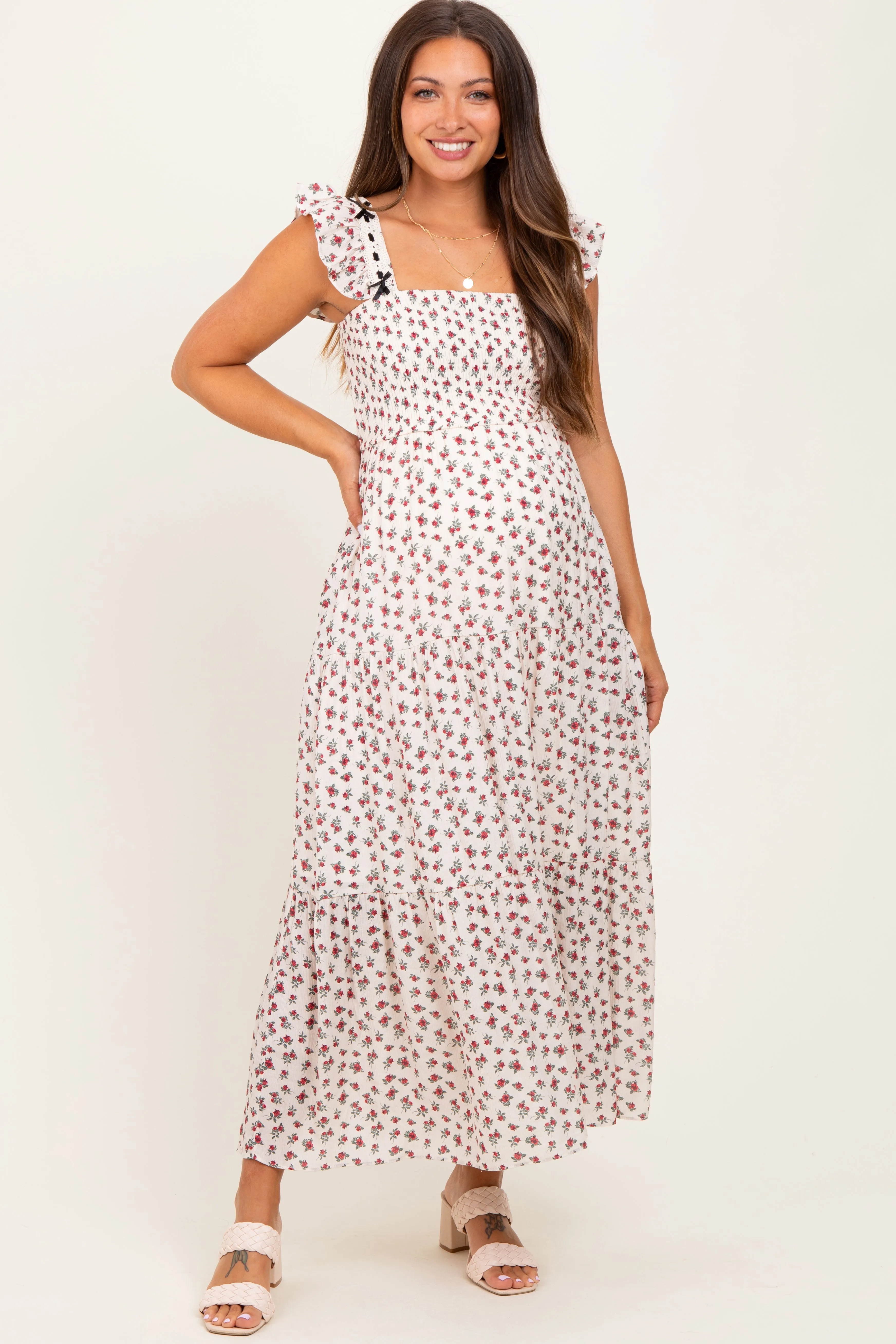 Red Floral Bow Trim Lace Detail Smocked Maternity Maxi Dress sold by Pinkblush