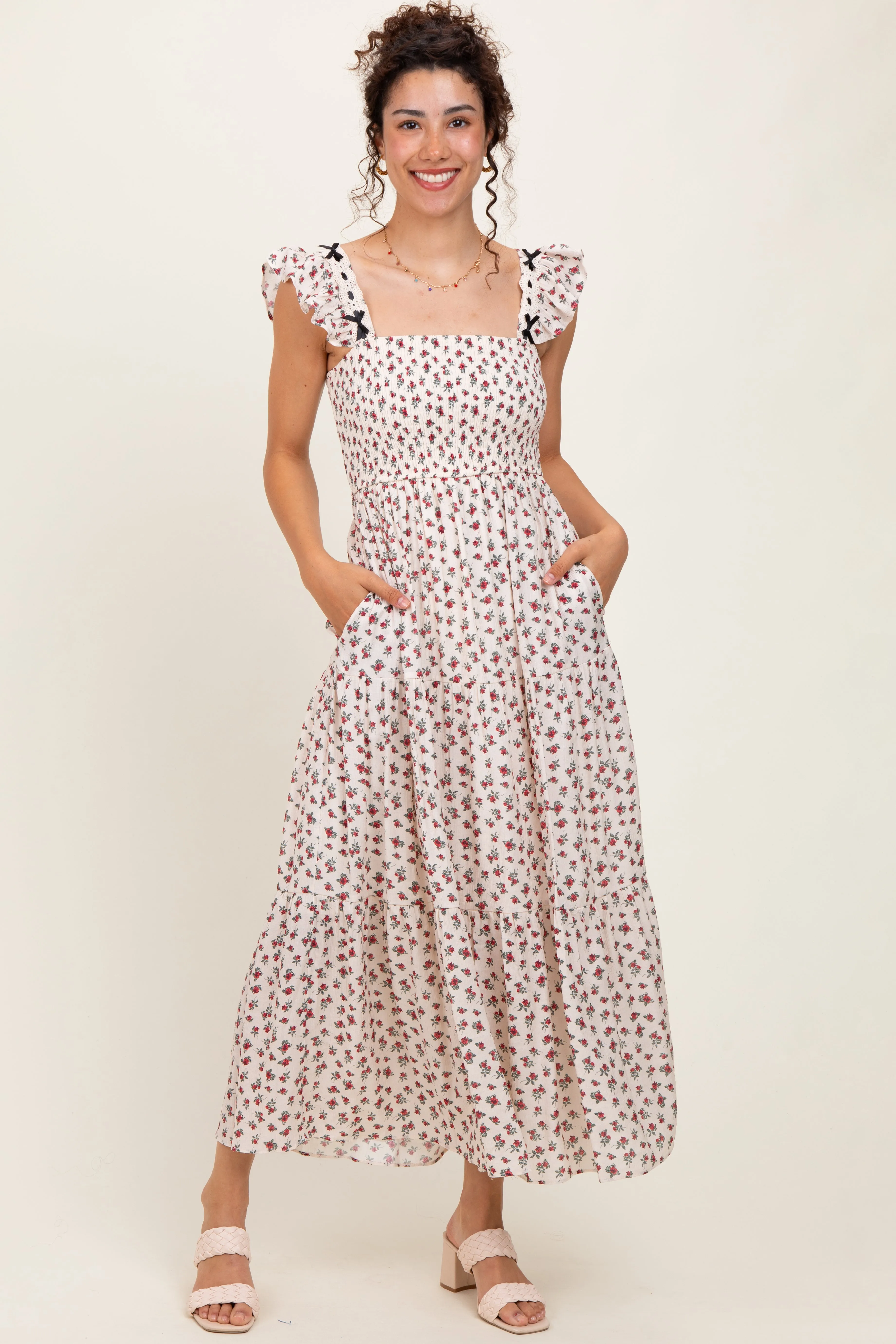 Red Floral Bow Trim Lace Detail Smocked Maternity Maxi Dress sold by Pinkblush product image thumbnail 5