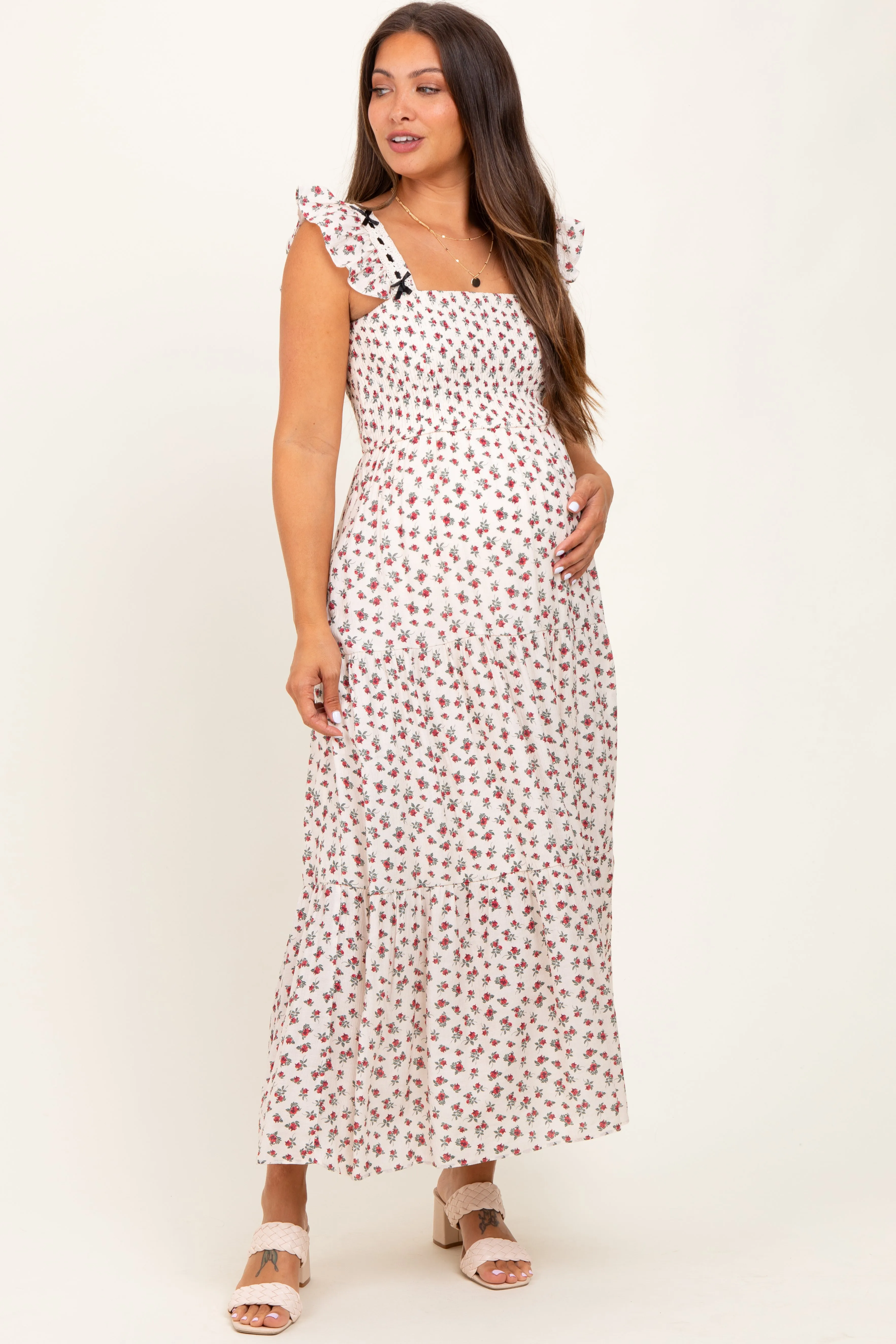 Red Floral Bow Trim Lace Detail Smocked Maternity Maxi Dress sold by Pinkblush product image thumbnail 2