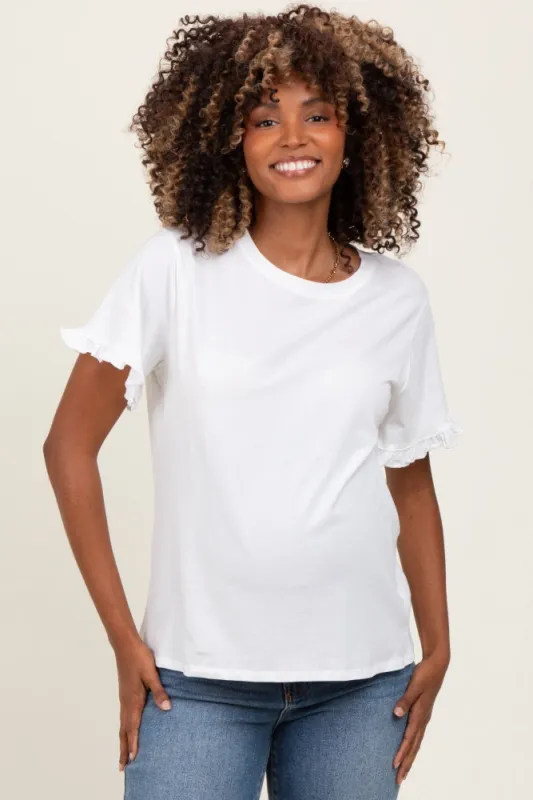 White Ruffle Trim Short Sleeve Maternity T-Shirt sold by Pinkblush